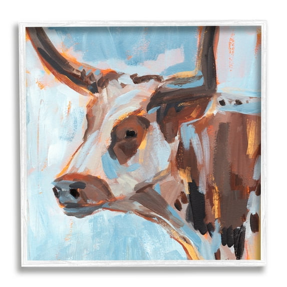 Stupell Industries Abstract Blue Longhorn Animals & Insects Painting White Framed Art Print Wall Art, 24 x 24