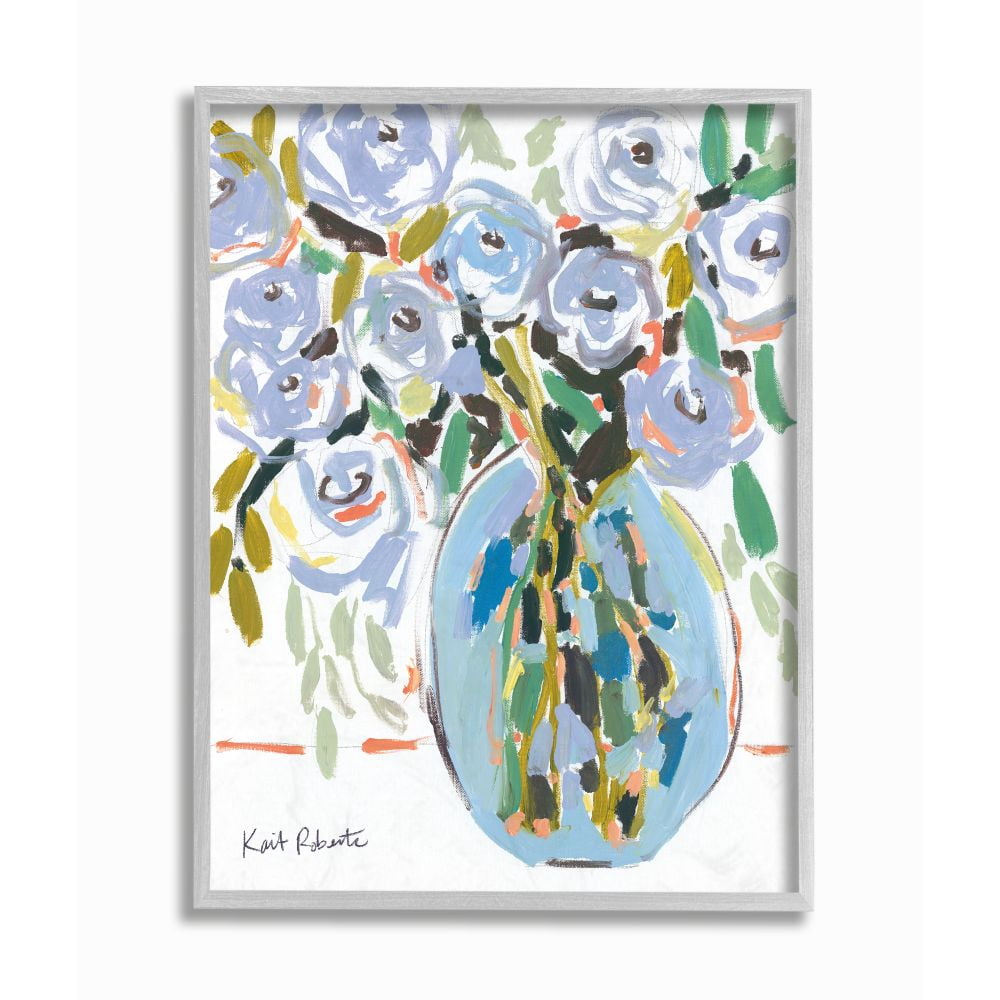 Stupell Industries Abstract Blue Pastel Floral Bouquet Organic Lines Framed Wall Art Design by Kait Roberts, 16" x 20", Gray Framed