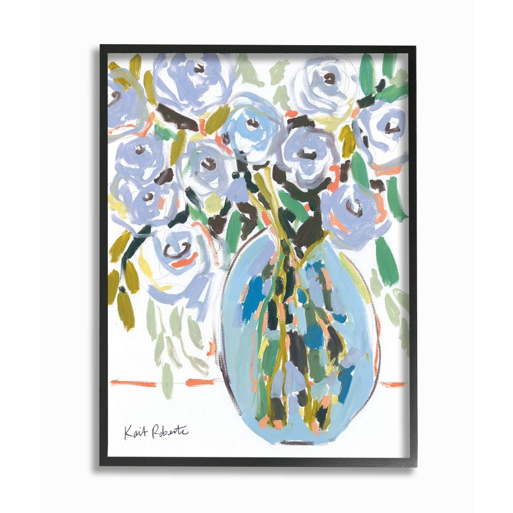 Stupell Industries Abstract Blue Pastel Floral Bouquet Organic Lines Framed Wall Art Design by Kait Roberts, 24" x 30", Black Framed