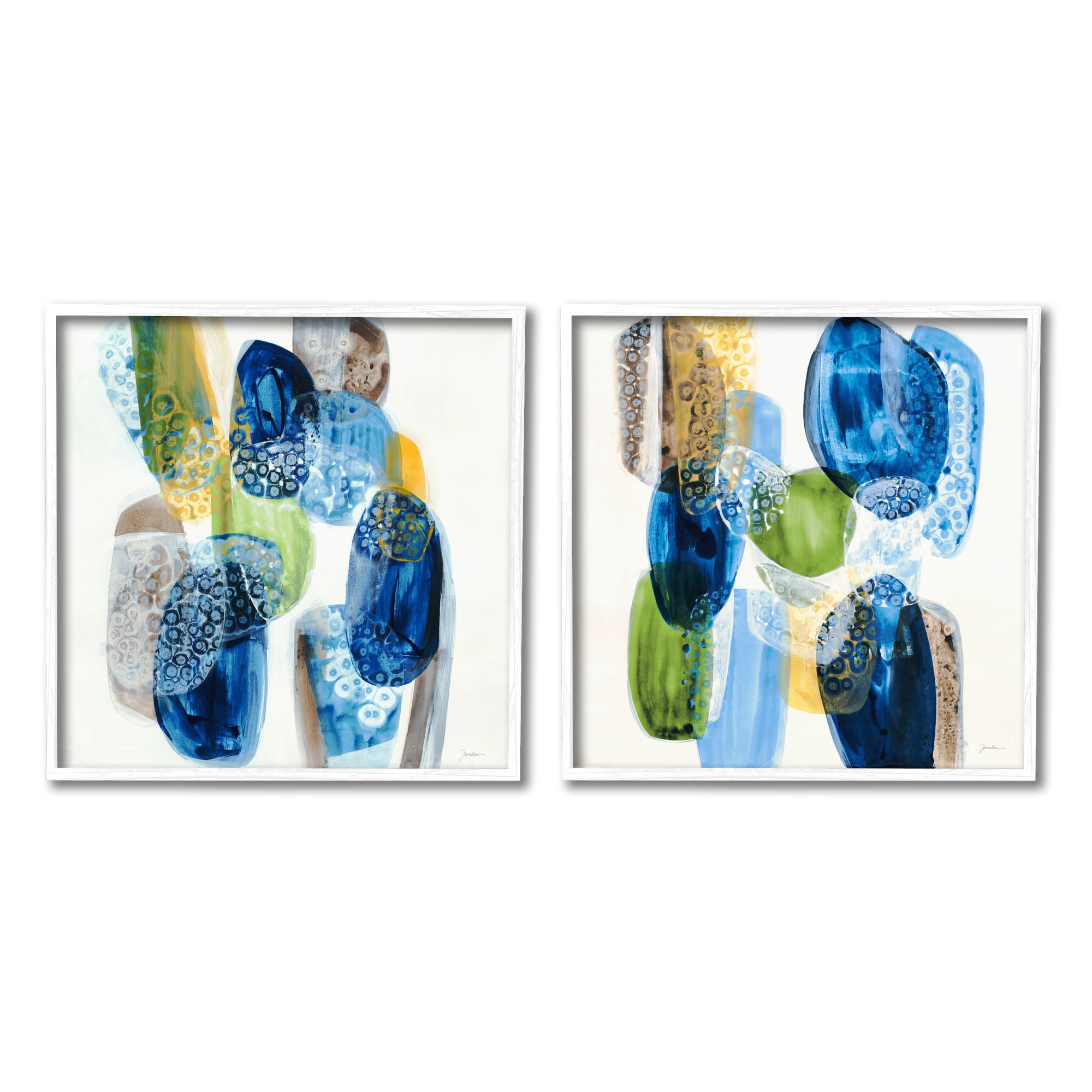 Stupell Industries Abstract Blue Pebbles Abstract Painting White Framed Art Print Wall Art, 17 x 17, Set of 2
