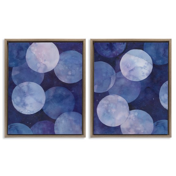 Stupell Industries Abstract Blue Purple Circle Bubbles Abstract Painting Brown Floater Framed Canvas Art Print Wall Art, 17 x 21, Set of 2
