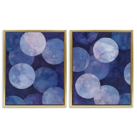 Stupell Industries Abstract Blue Purple Circle Bubbles Abstract Painting Gold Floater Framed Canvas Art Print Wall Art, 17 x 21, Set of 2