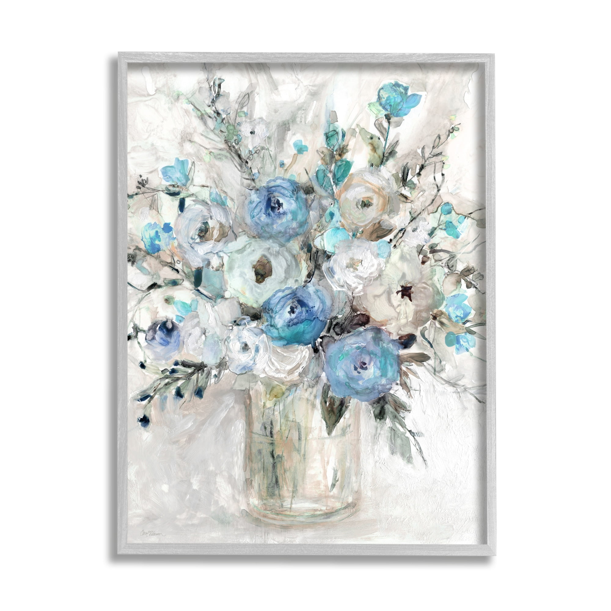 Gray Framed Abstract Blue and White Floral Canvas Print, 11 x 14 inches