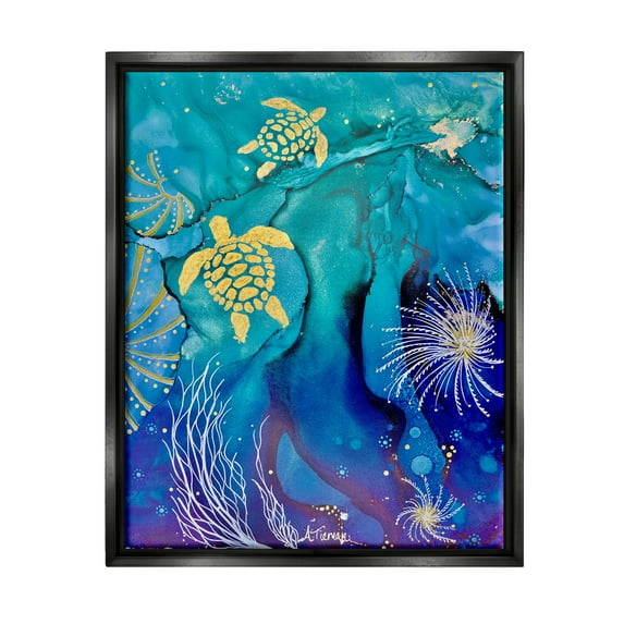 Stupell Industries Abstract Blue Sea Turtles Abstract Painting Black Floater Framed Canvas Art Print Wall Art, 25 x 31