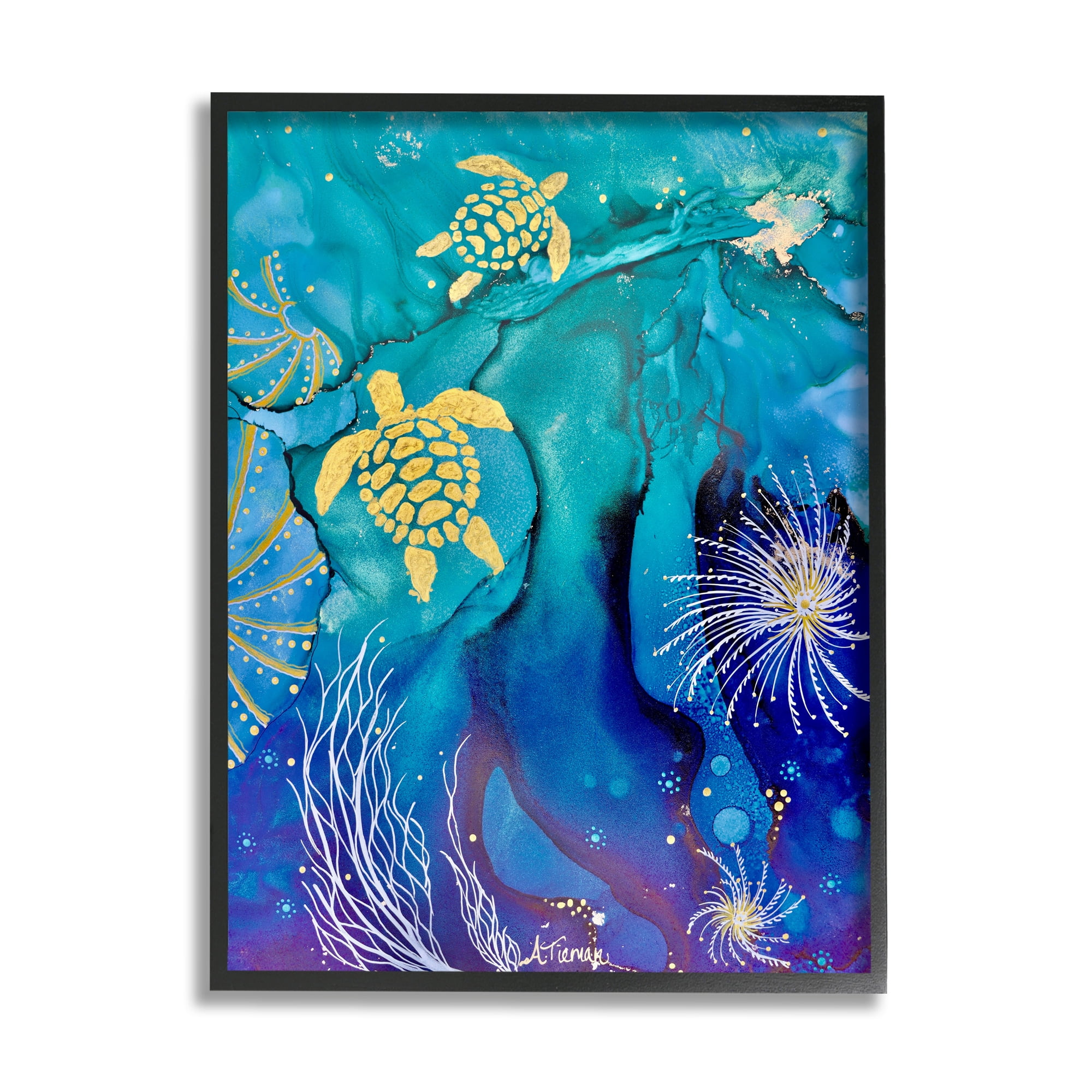 Stupell Industries Abstract Blue Sea Turtles Abstract Painting Black Framed Art Print Wall Art, 24 x 30