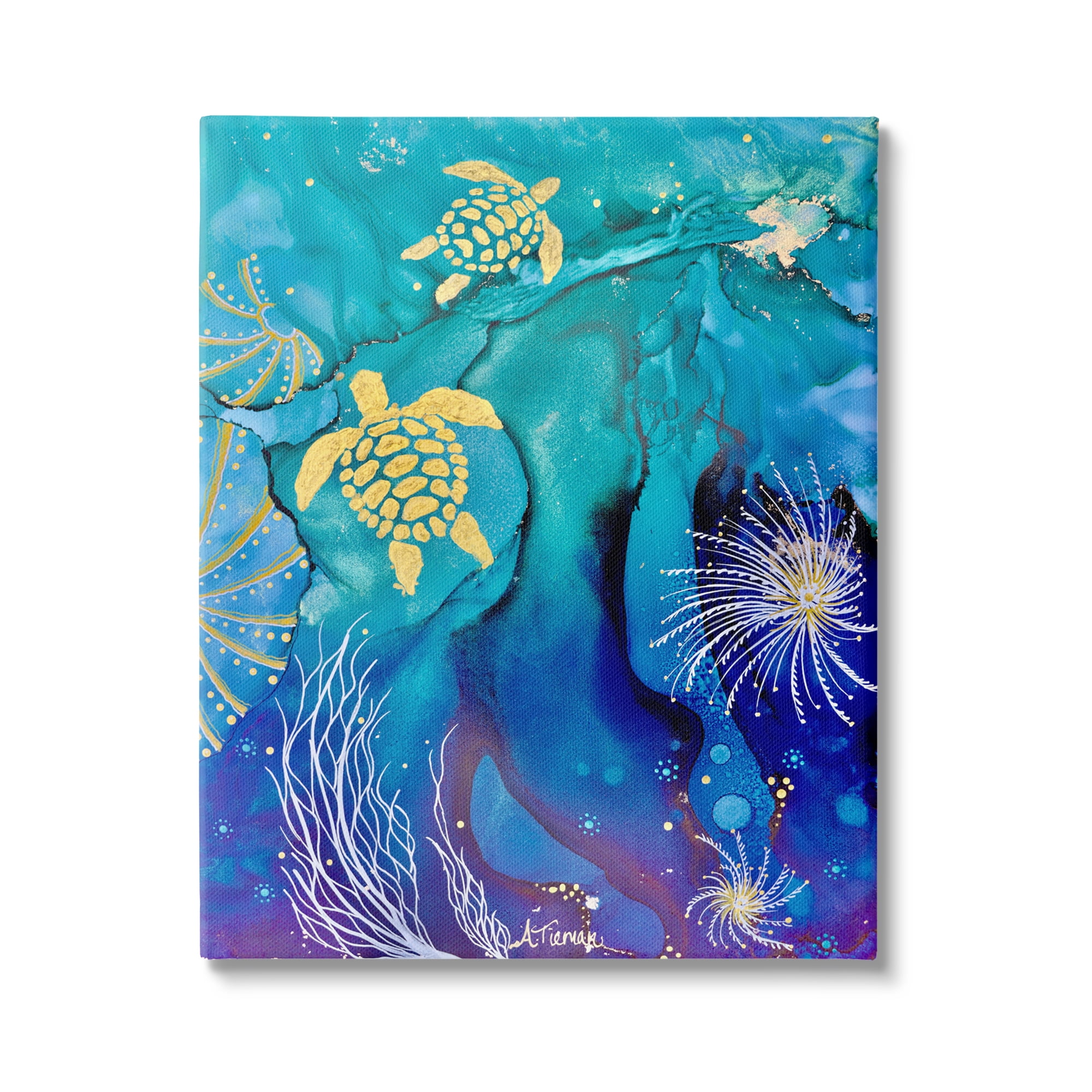 Stupell Industries Abstract Blue Sea Turtles Abstract Painting Gallery Wrapped Canvas Art Print Wall Art, 36 x 48