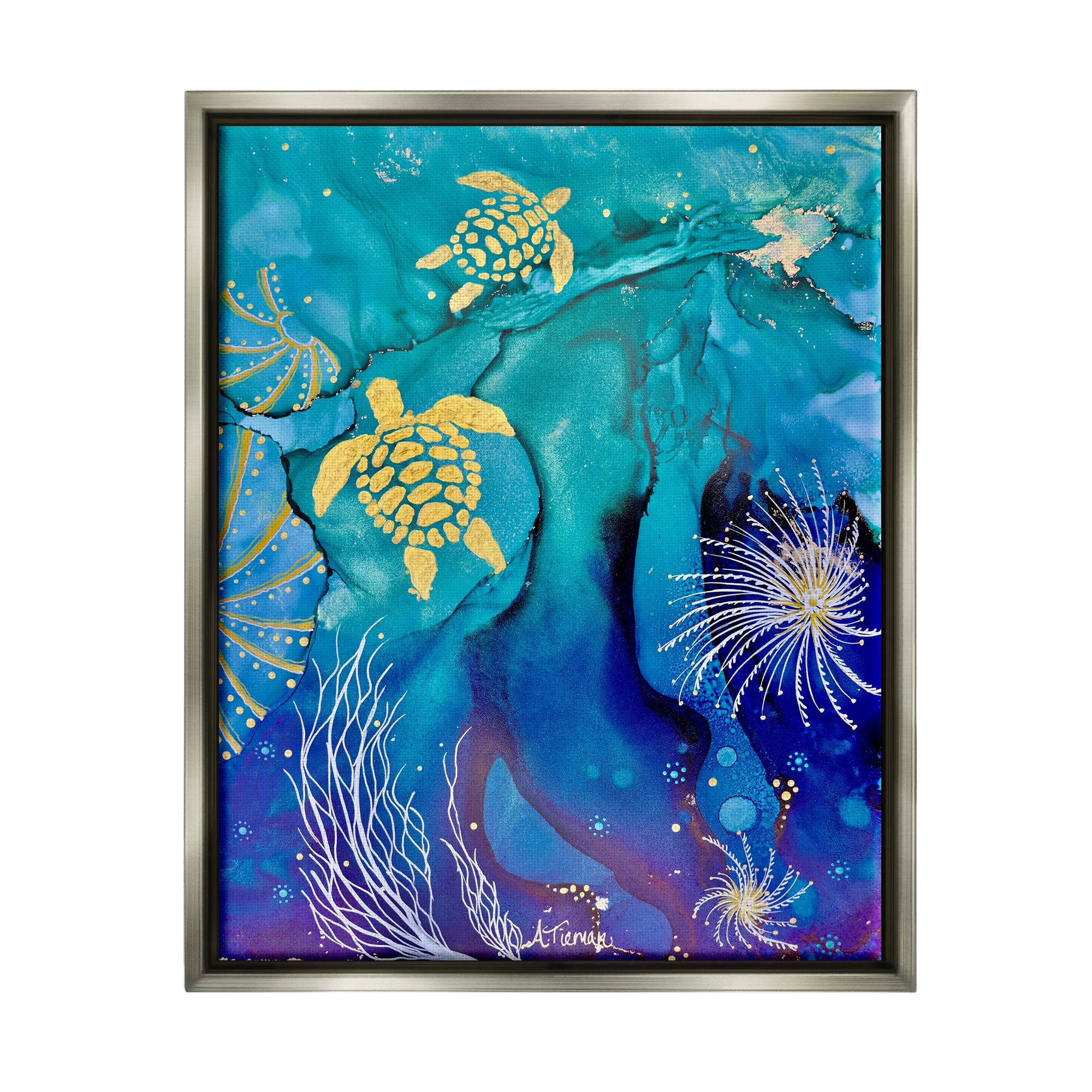 Stupell Industries Abstract Blue Sea Turtles Abstract Painting Gray Floater Framed Canvas Art Print Wall Art, 25 x 31