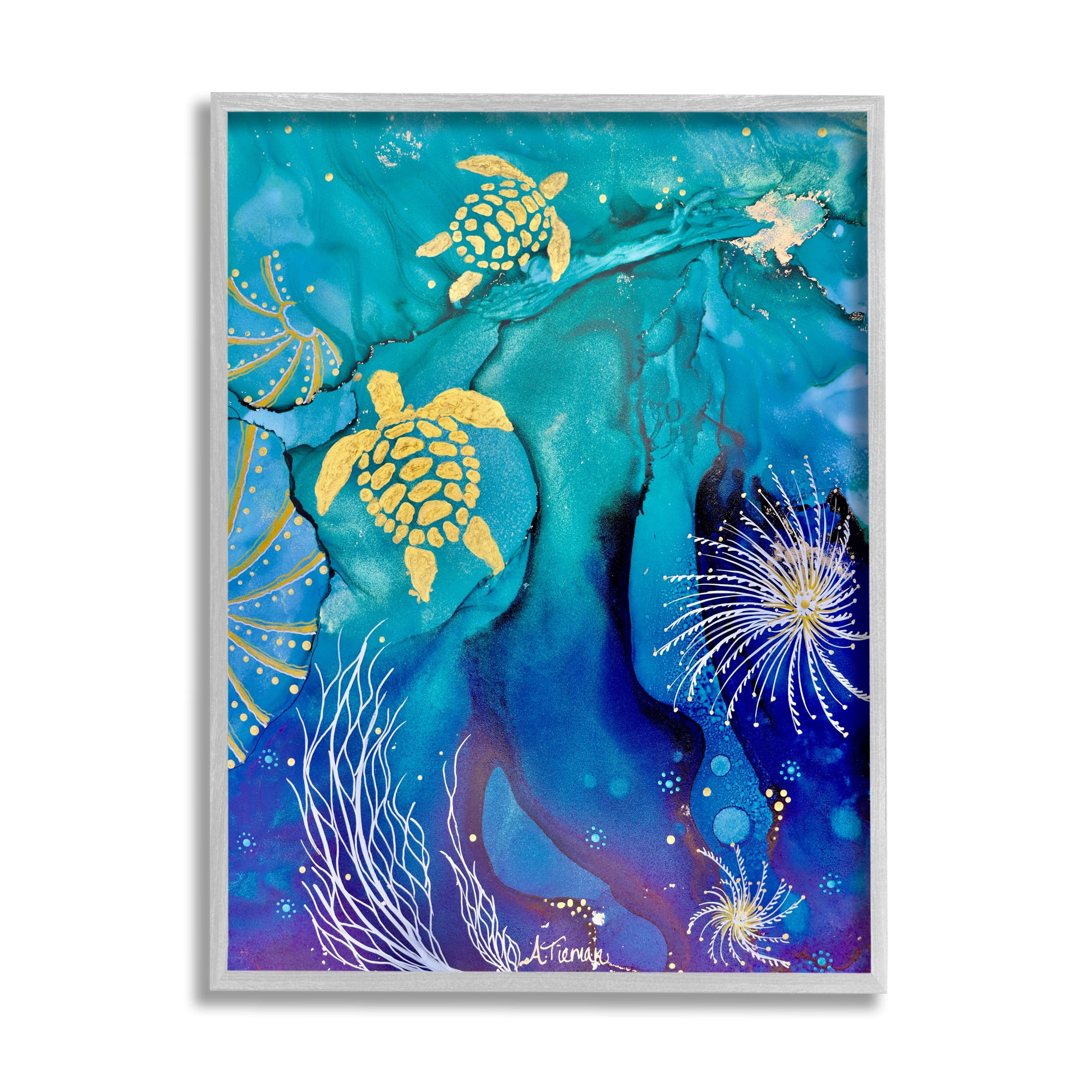 Stupell Industries Abstract Blue Sea Turtles Abstract Painting Gray Framed Art Print Wall Art, 16 x 20
