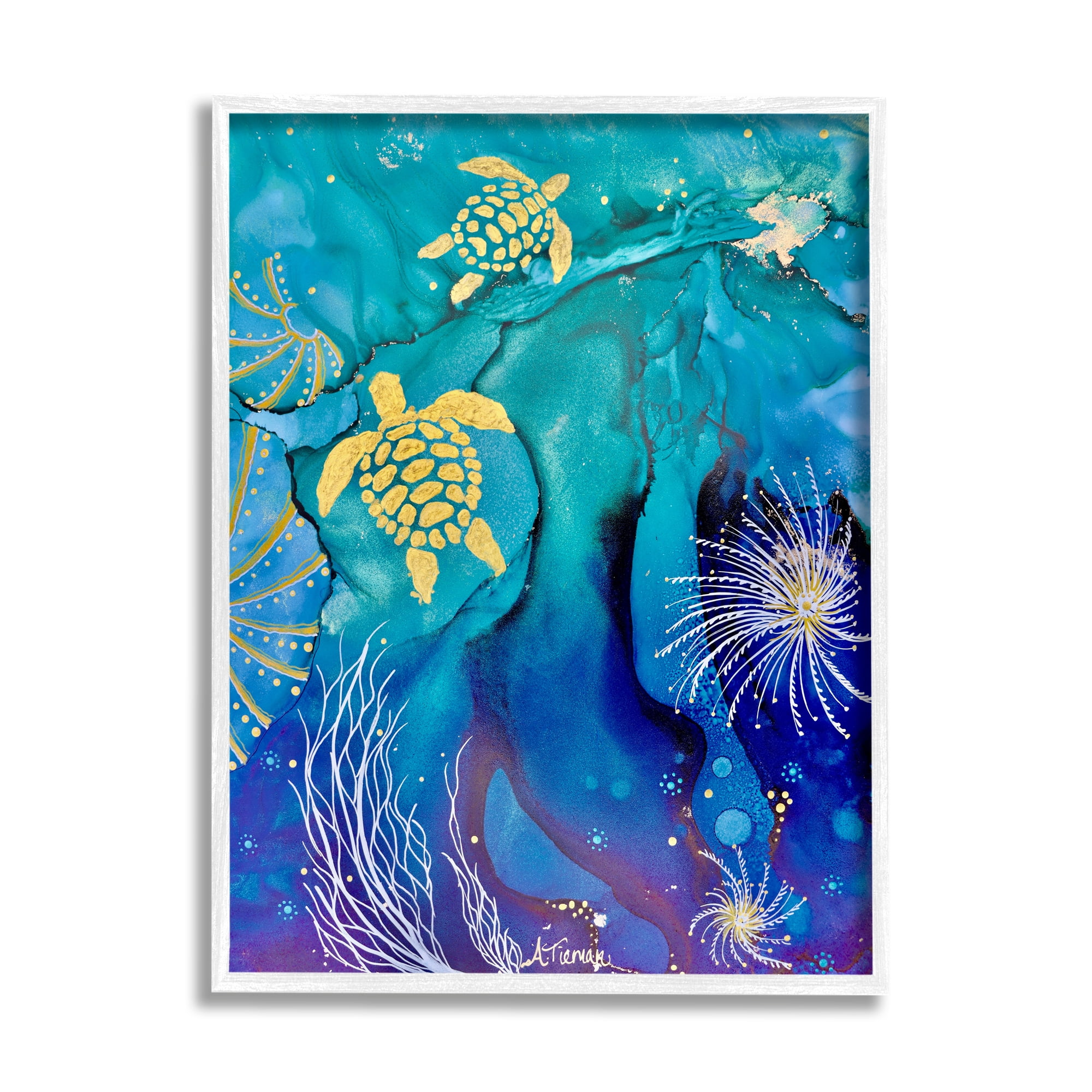 Stupell Industries Abstract Blue Sea Turtles Abstract Painting White Framed Art Print Wall Art, 11 x 14