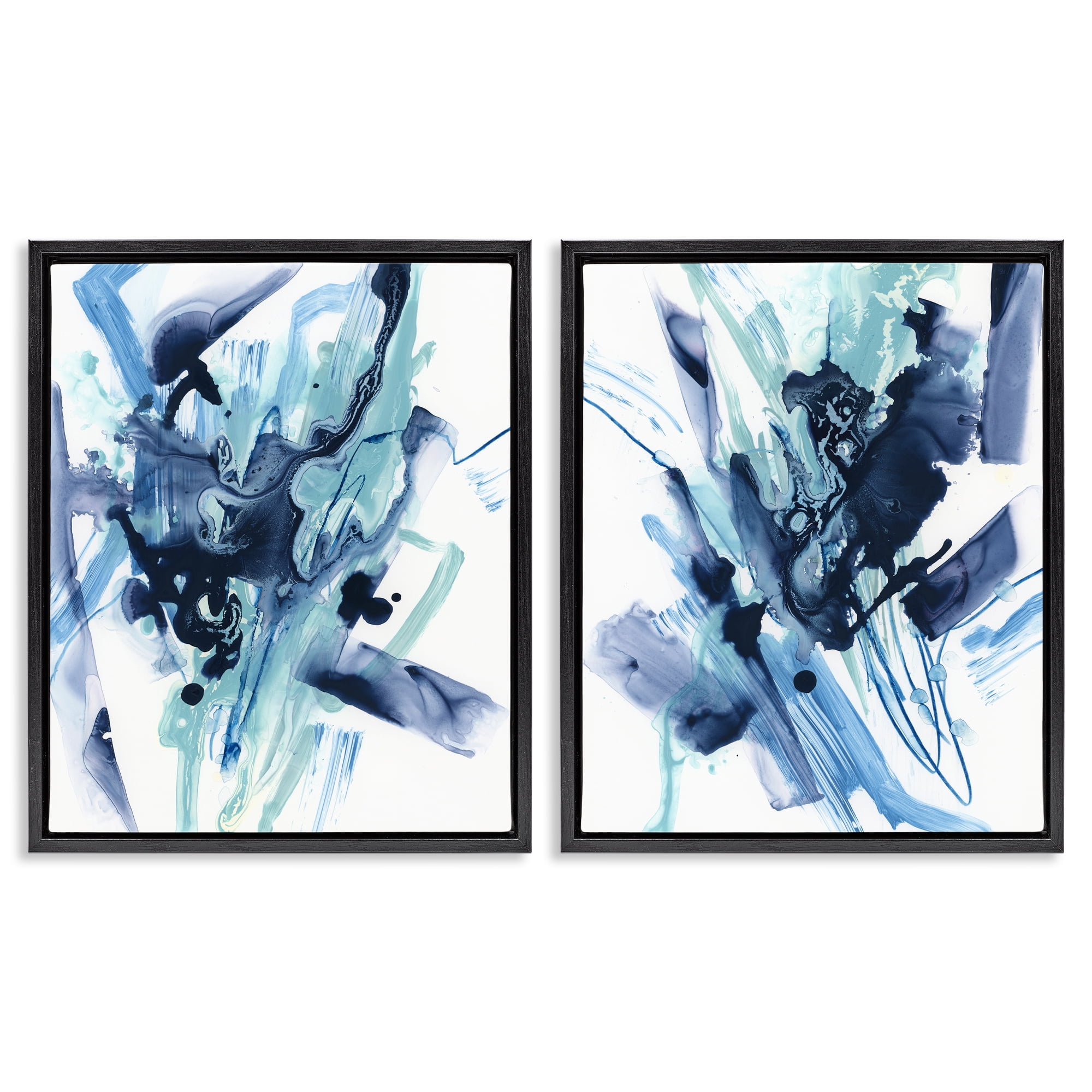 Stupell Industries Abstract Blue Splash Abstract Painting Black Floater Framed Canvas Art Print Wall Art, 17 x 21, Set of 2
