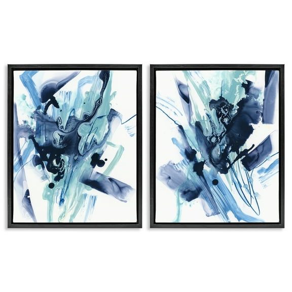 Stupell Industries Abstract Blue Splash Abstract Painting Black Floater Framed Canvas Art Print Wall Art, 17 x 21, Set of 2