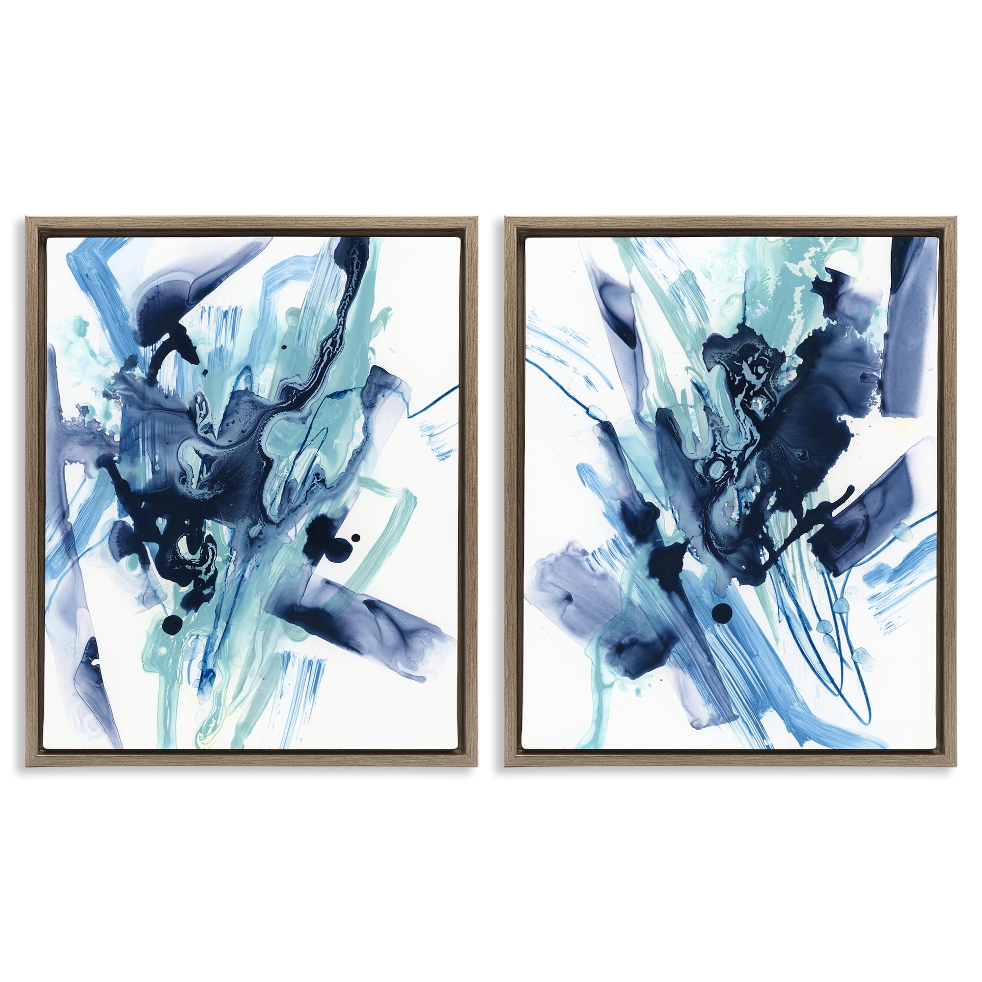 Stupell Industries Abstract Blue Splash Abstract Painting Brown Floater Framed Canvas Art Print Wall Art, 17 x 21, Set of 2