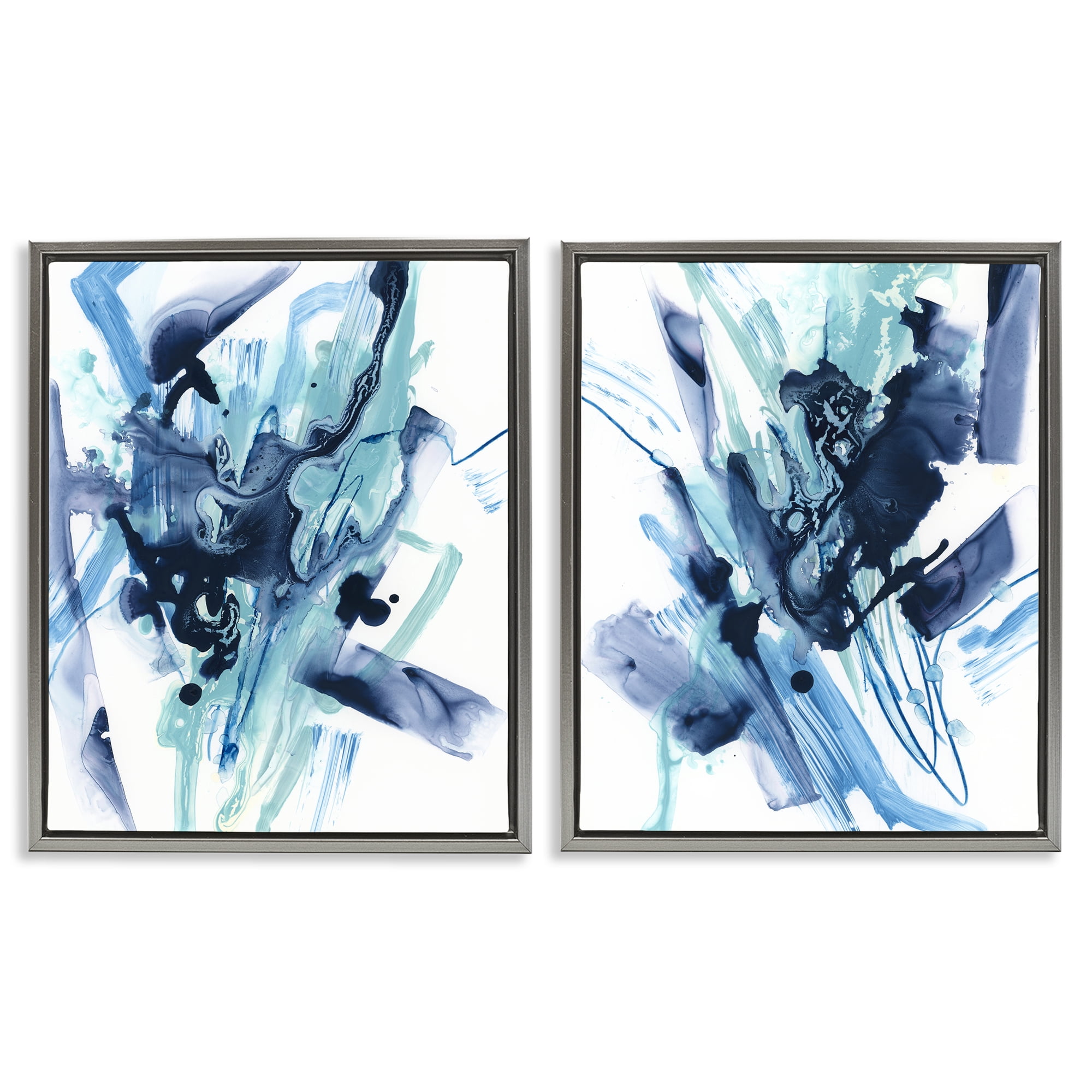 Stupell Industries Abstract Blue Splash Abstract Painting Gray Floater Framed Canvas Art Print Wall Art, 17 x 21, Set of 2