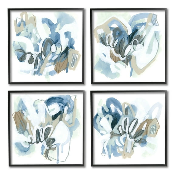 Stupell Industries Abstract Blue Squiggle Collage Painting Black Framed Art Print Wall Art, Set of 4, Design by June Erica Vess