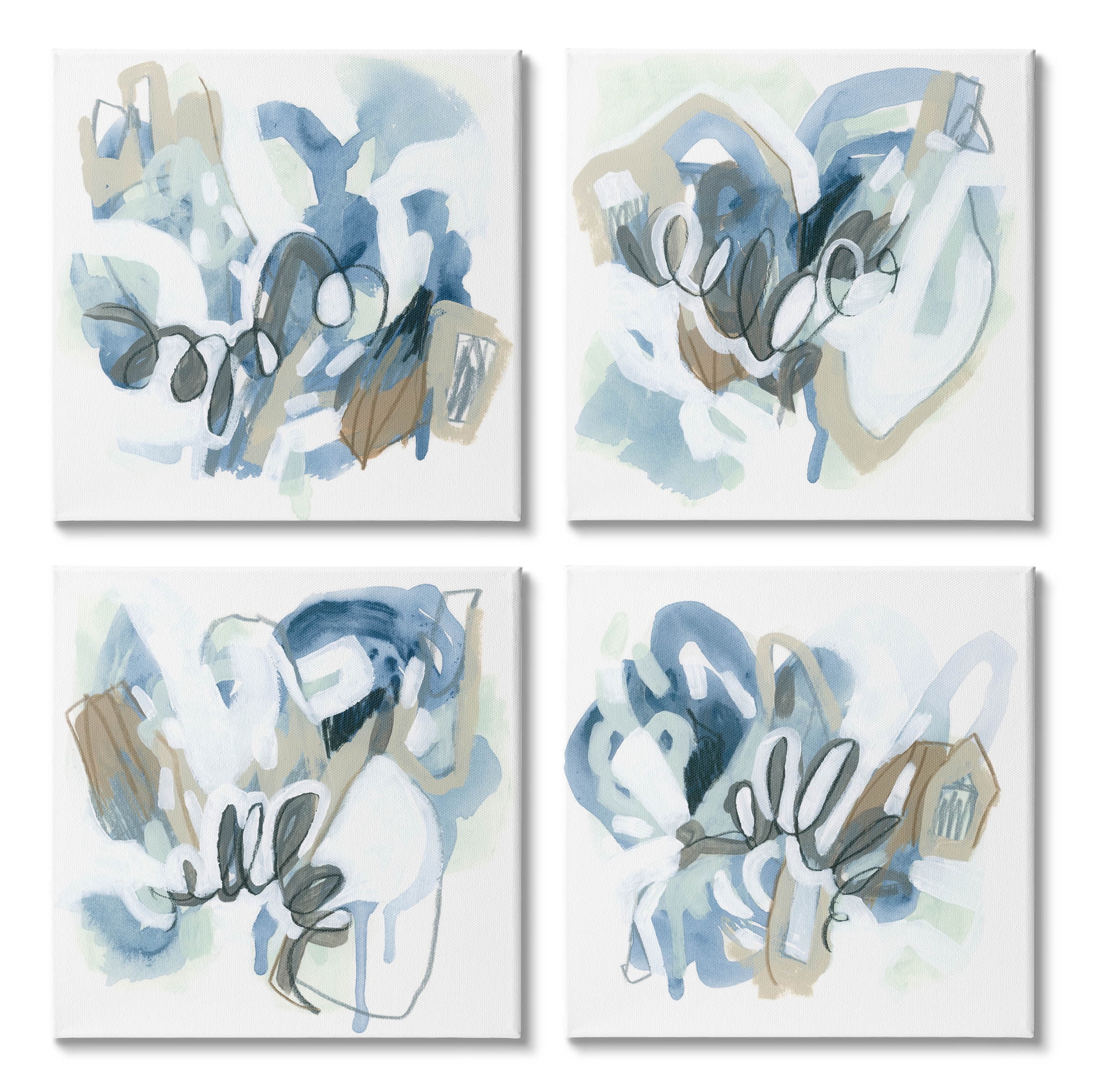 Stupell Industries Abstract Blue Squiggle Collage Painting Gallery Wrapped Canvas Print Wall Art, Set of 4, Design by June Erica Vess