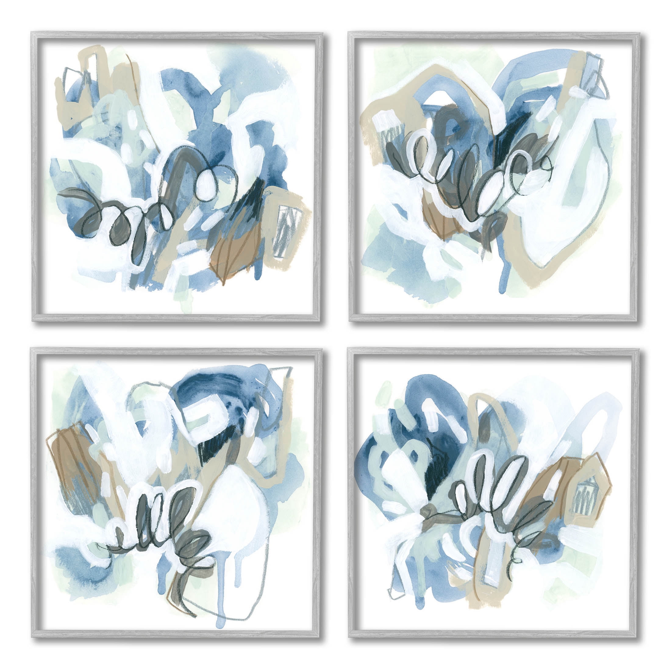 Stupell Industries Abstract Blue Squiggle Collage Painting Gray Framed Art Print Wall Art, Set of 4, Design by June Erica Vess