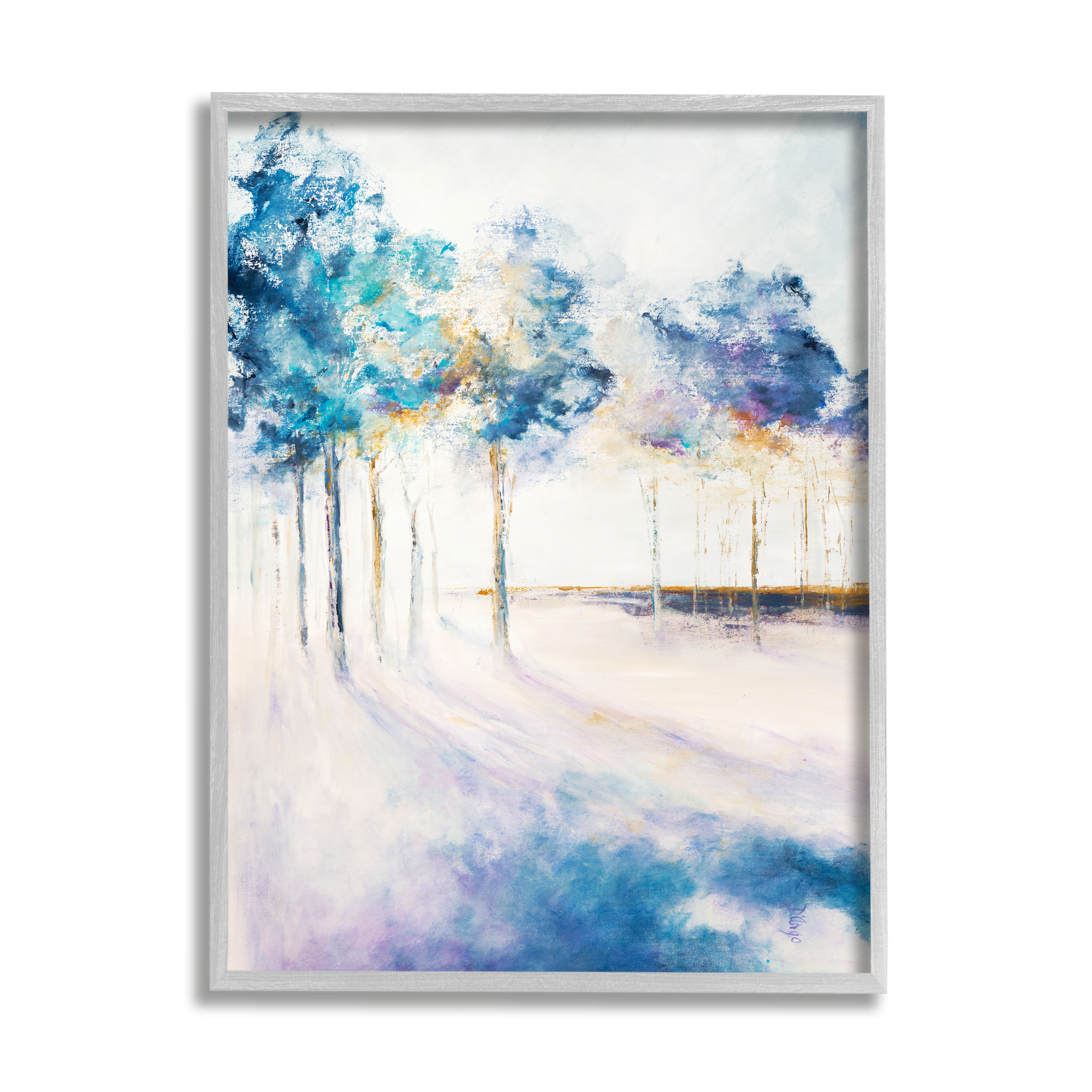 Stupell Industries Abstract Blue Tree Shadows in Forest Landscape Nature Painting Gray Framed Art Print Wall Art, 24 x 30