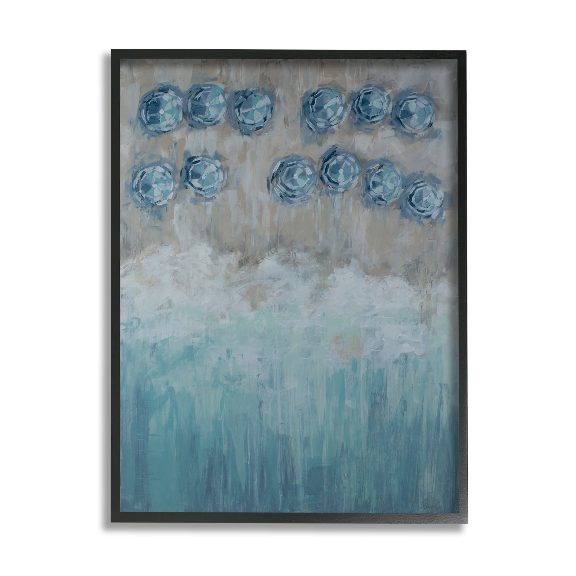 Stupell Industries Abstract Blue Umbrella Ocean Coast Rustic Beach Painting Black Framed Art Print Wall Art, 11x14, by Reesa Qualia