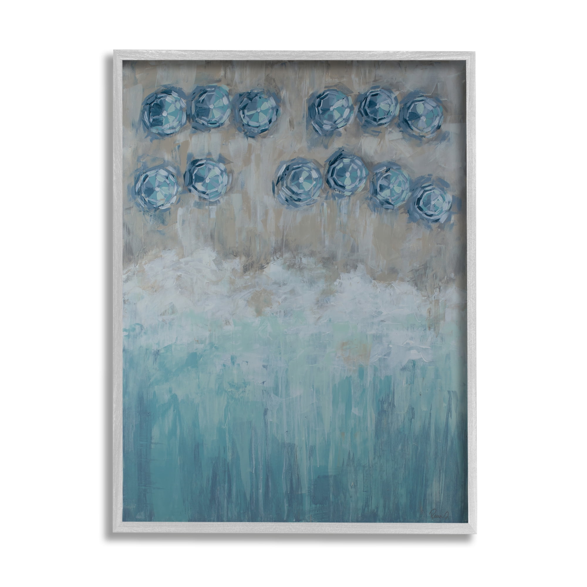 Stupell Industries Abstract Blue Umbrella Ocean Coast Rustic Beach Painting Gray Framed Art Print Wall Art, 24x30, by Reesa Qualia