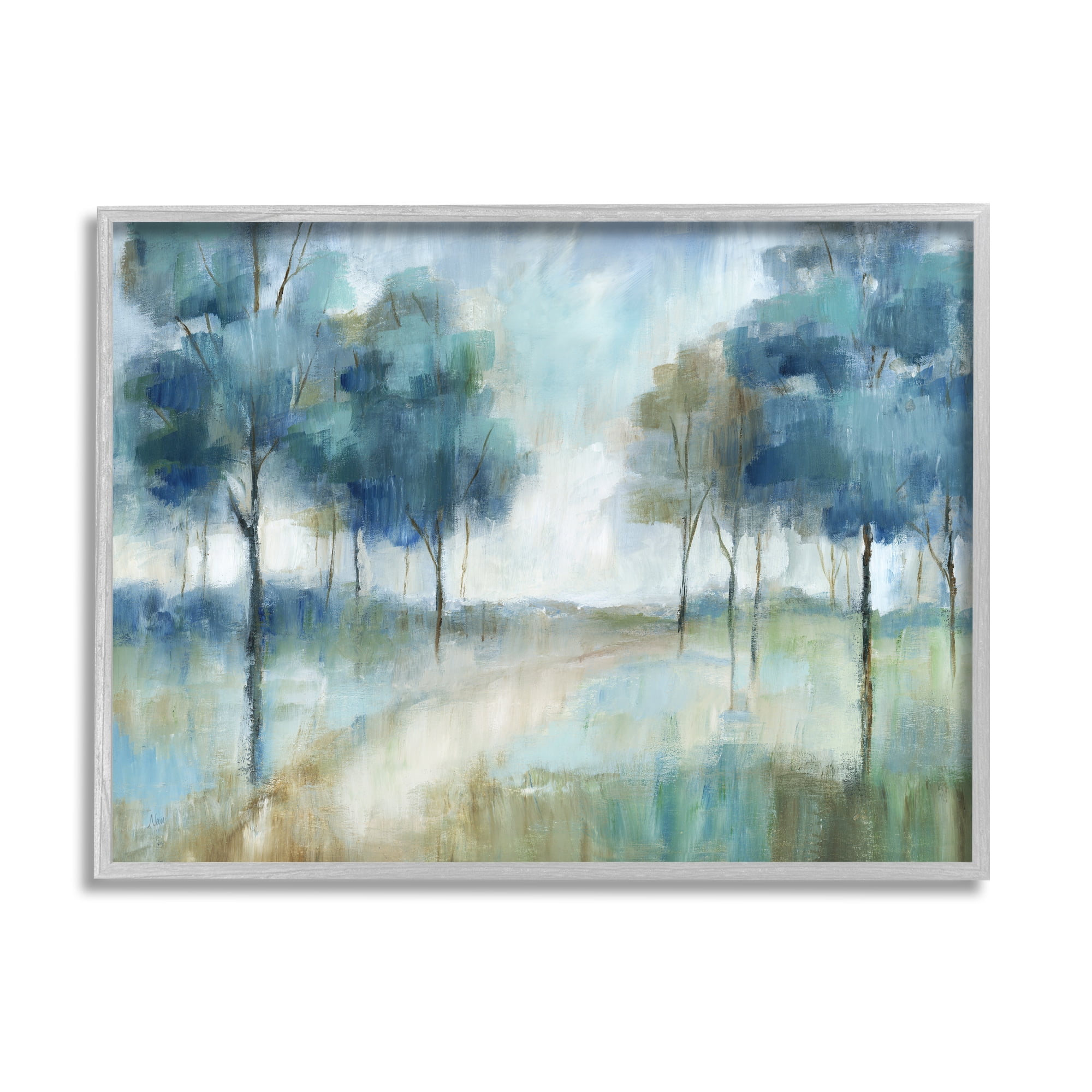 Stupell Industries Abstract Blue Woodland Path Trees Landscape Painting Gray Framed Art Print Wall Art