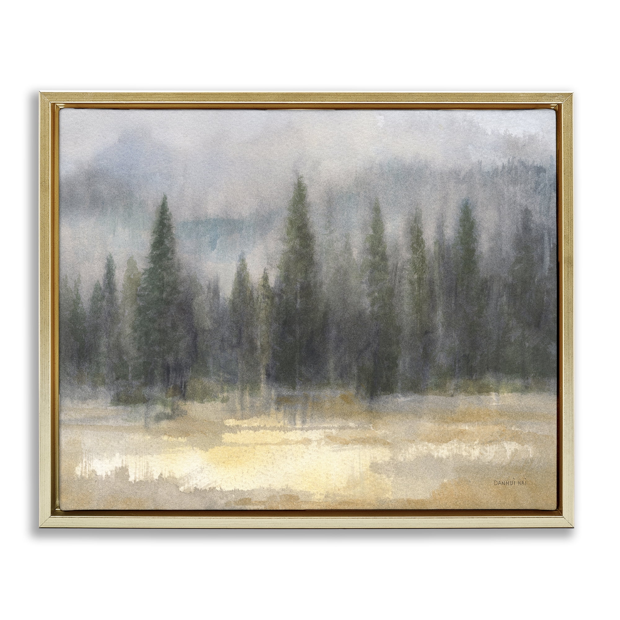 Abstract Blurred Pine Tree Forest Landscape Gold Floating Frame Canvas Art, 21 x 17, Made In