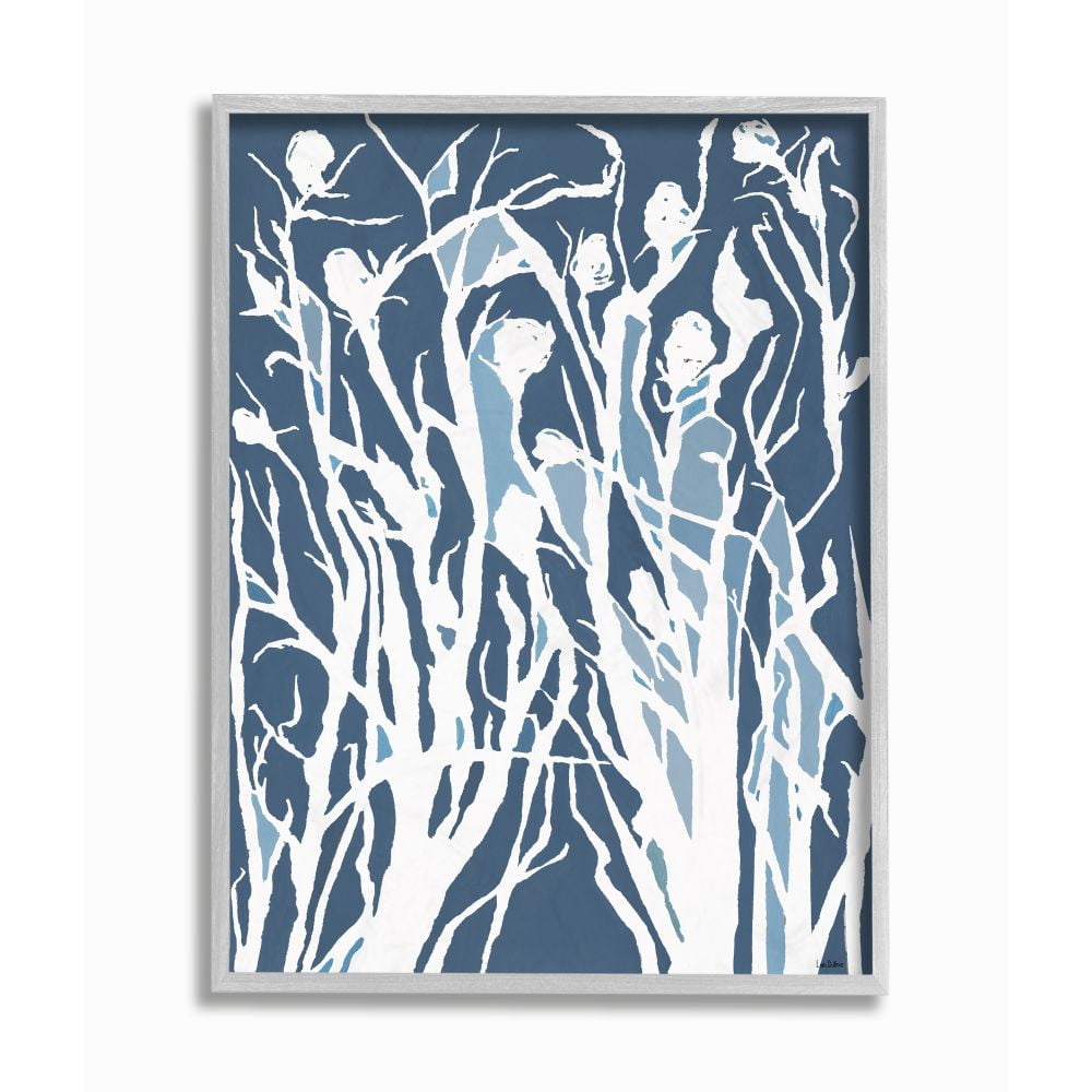 Stupell Industries Abstract Botanical Plant Silhouette Blue White Design Framed Wall Art Design by Lori Dubois, 16" x 20", Gray Framed