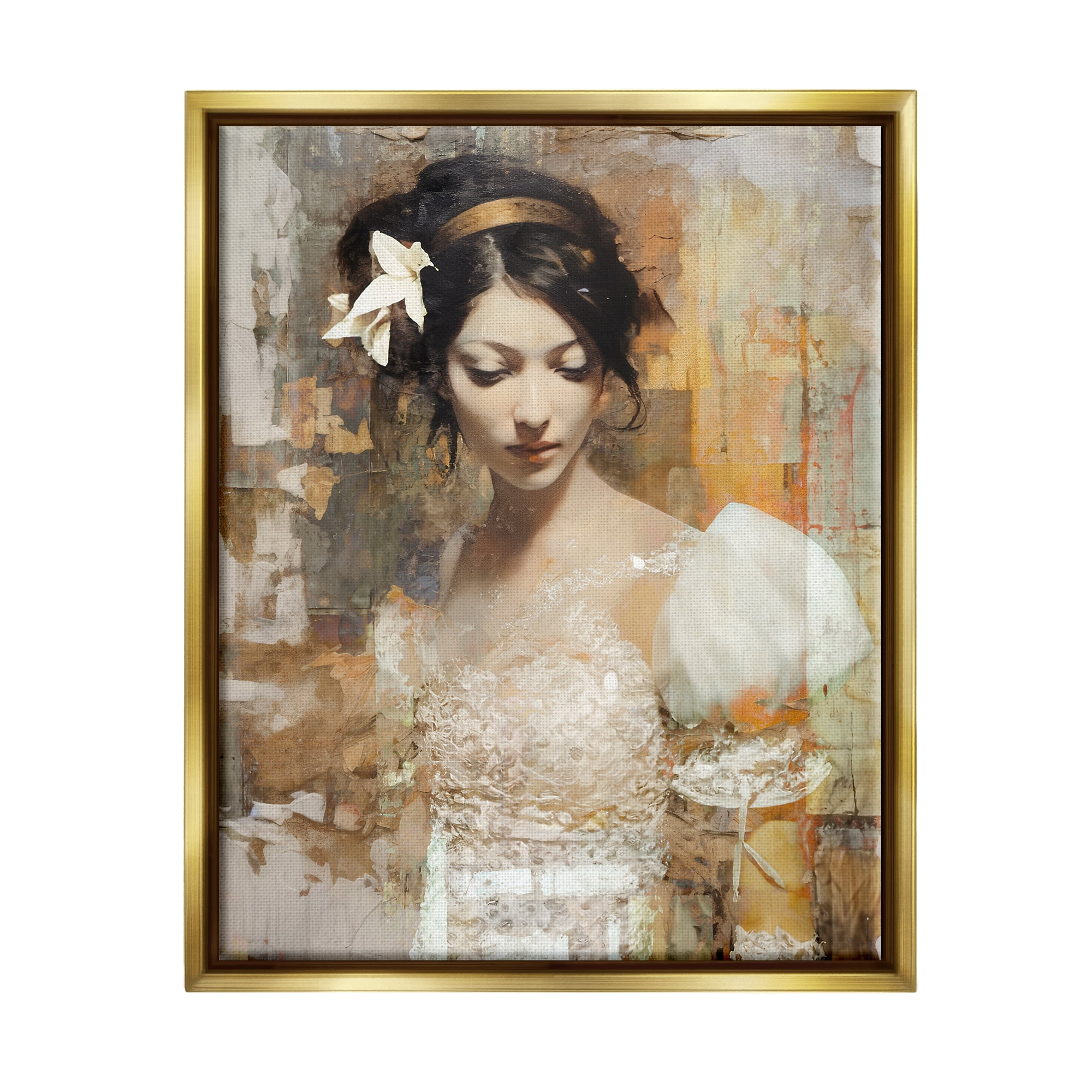 Stupell Industries Abstract Bride Collage Abstract Painting Gold Floater Framed Canvas Art Print Wall Art, 25 x 31
