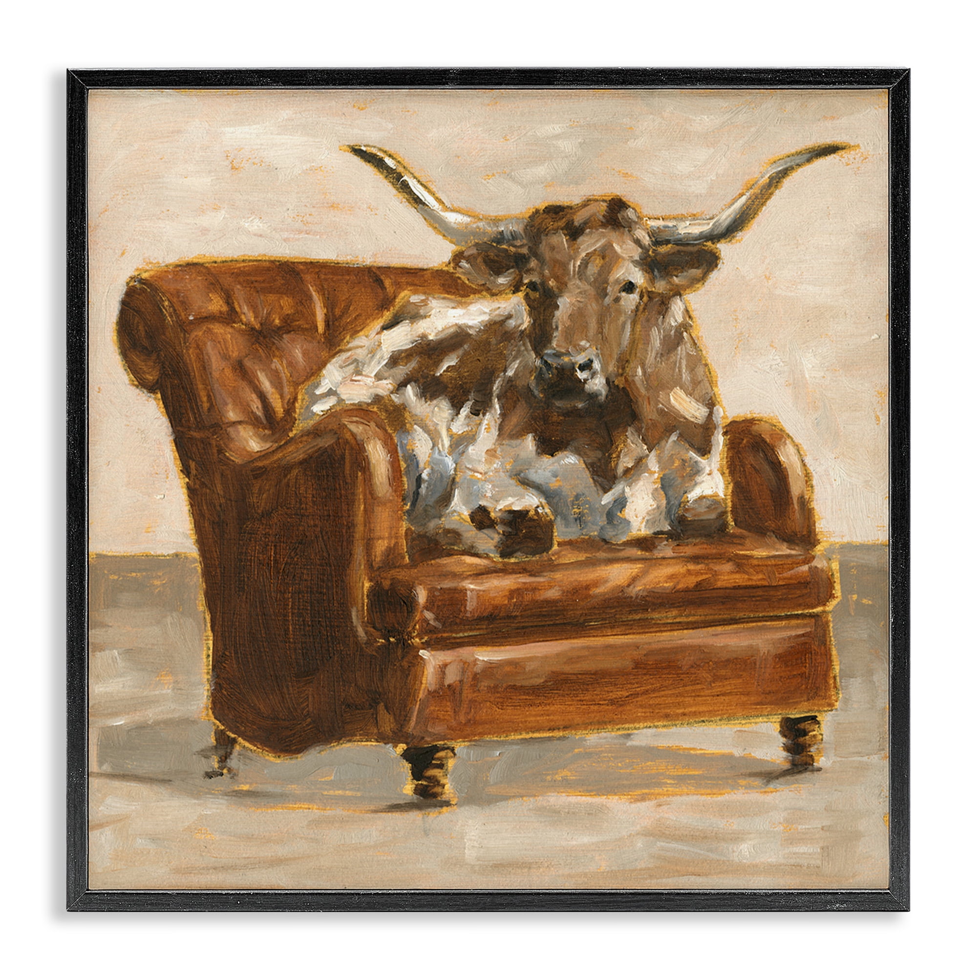 Stupell Industries Abstract Bull Livingroom Chair Animals & Insects Painting Black Framed Art Print Wall Art, 17 x 17