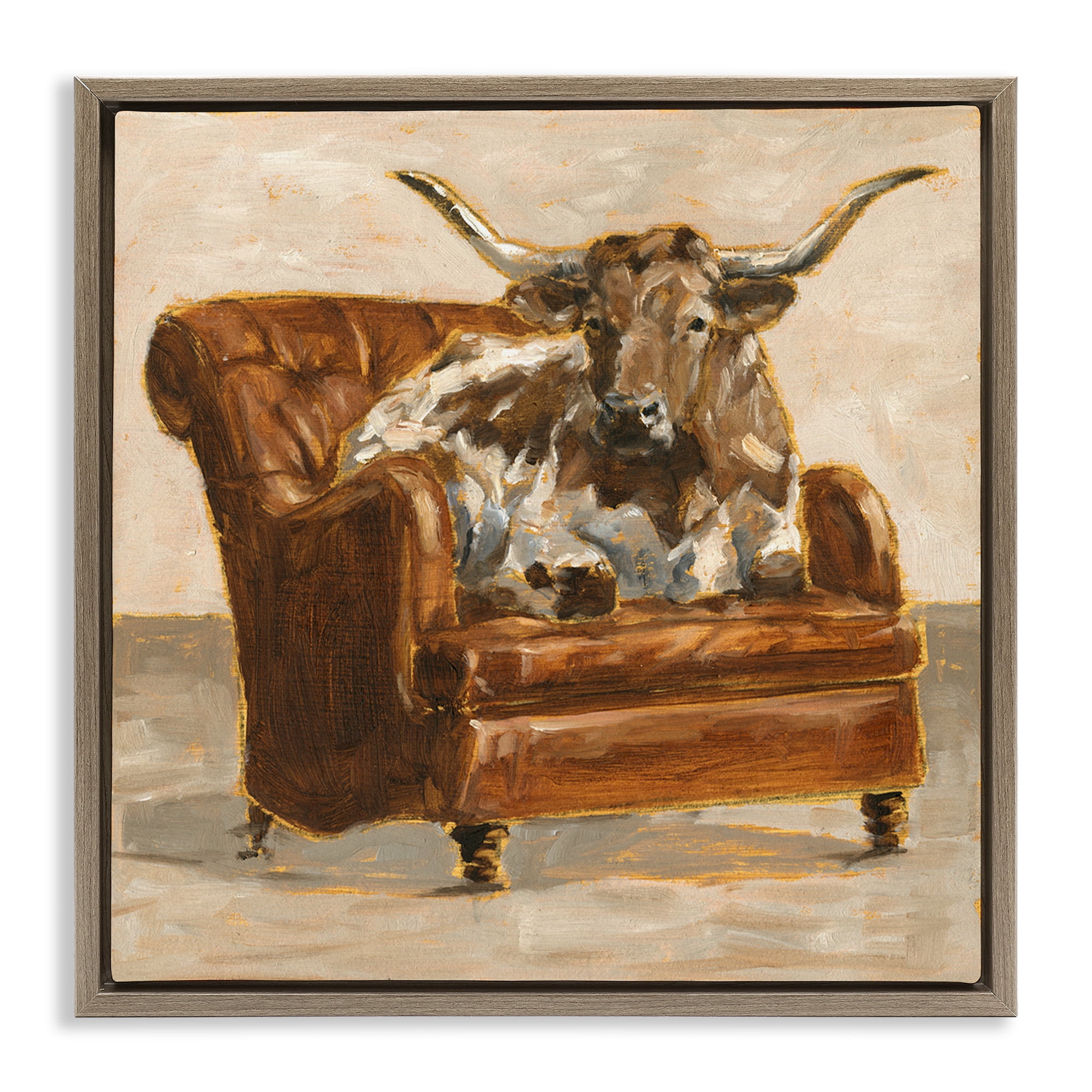 Stupell Industries Abstract Bull Livingroom Chair Animals & Insects Painting Brown Floater Framed Canvas Art Print Wall Art, 18 x 18