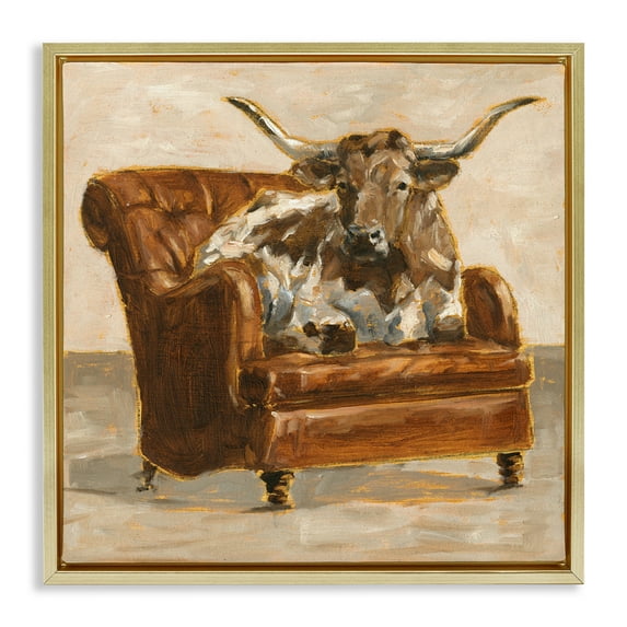 Stupell Industries Abstract Bull Livingroom Chair Animals & Insects Painting Gold Floater Framed Canvas Art Print Wall Art, 25 x 25