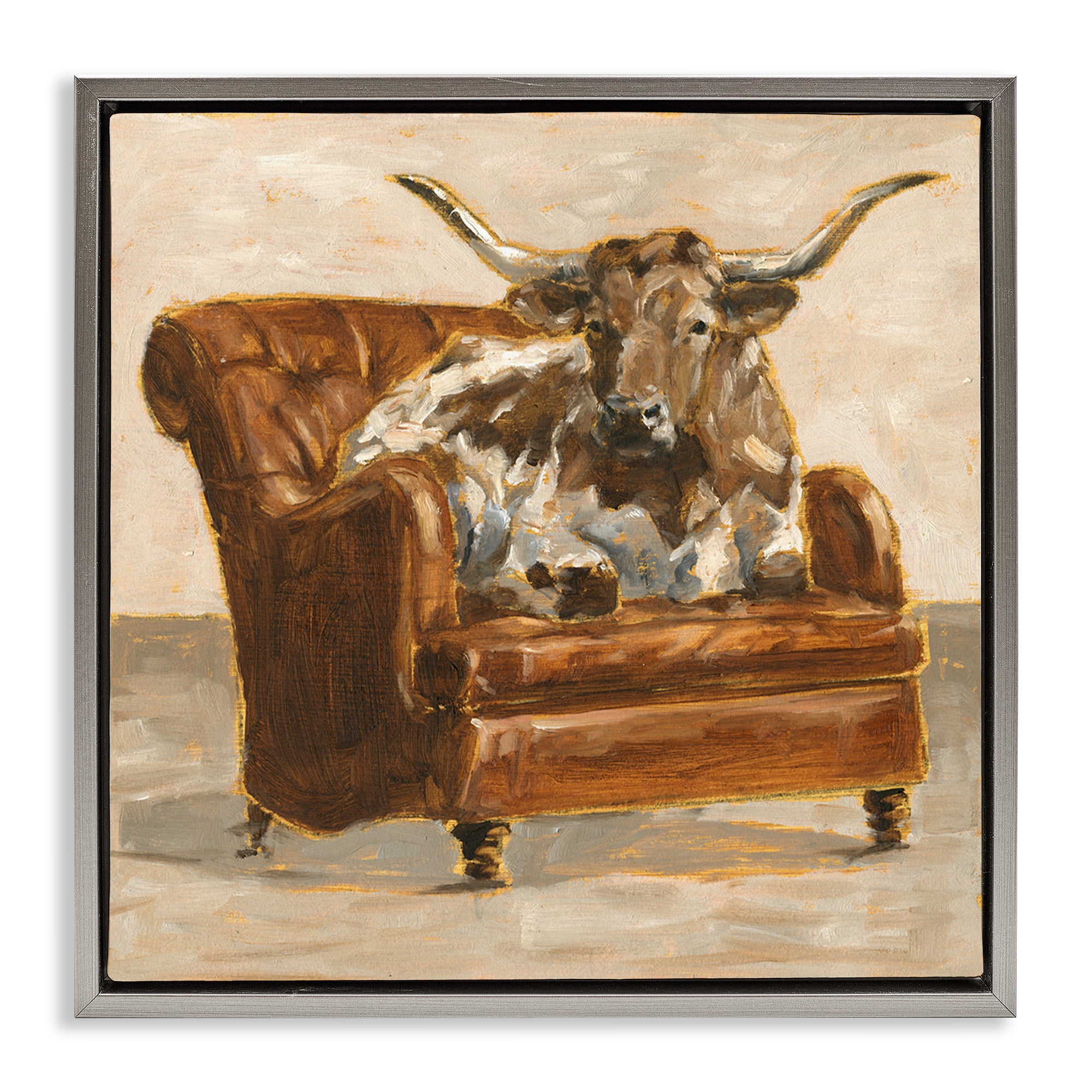 Stupell Industries Abstract Bull Livingroom Chair Animals & Insects Painting Gray Floater Framed Canvas Art Print Wall Art, 18 x 18