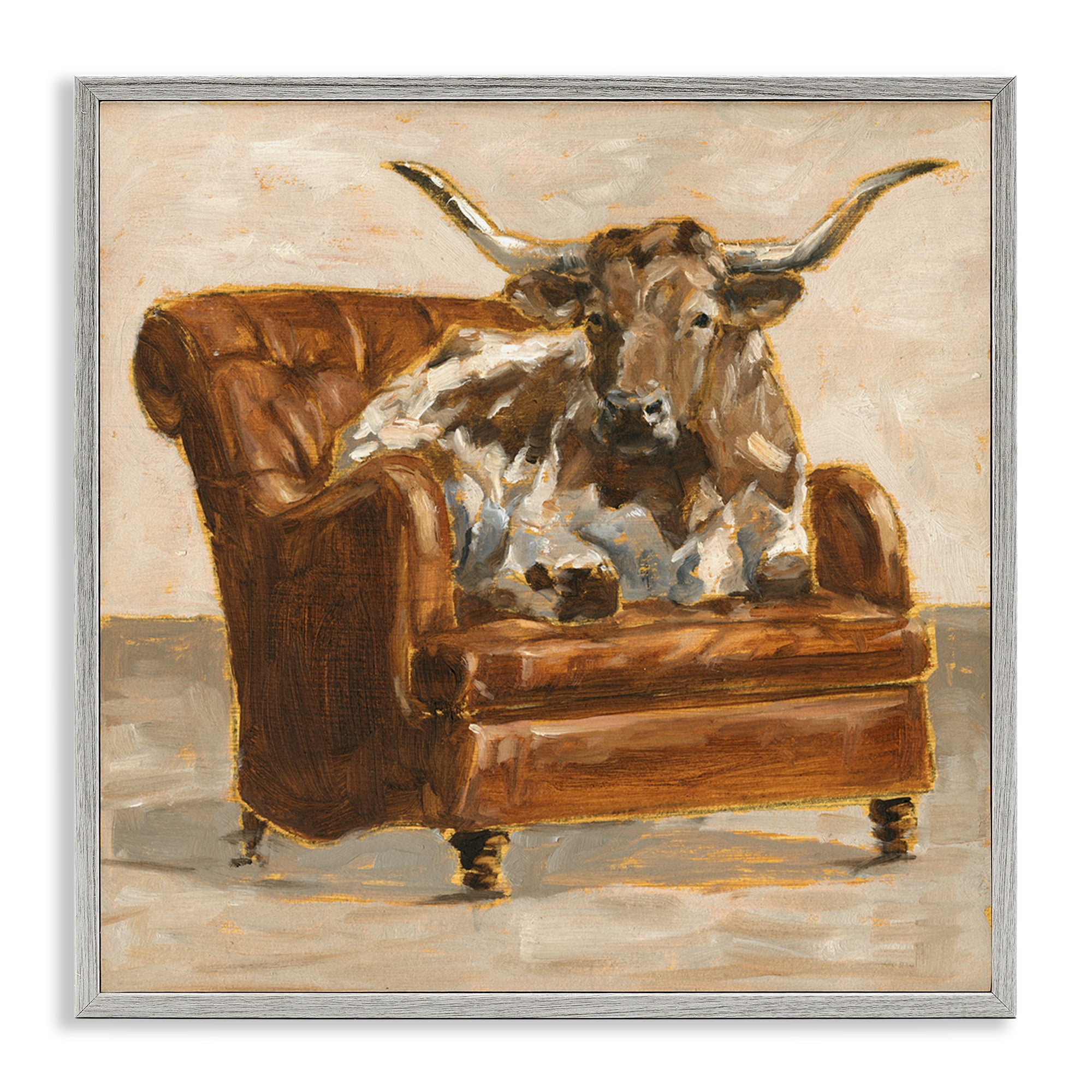 Stupell Industries Abstract Bull Livingroom Chair Animals & Insects Painting Gray Framed Art Print Wall Art, 24 x 24