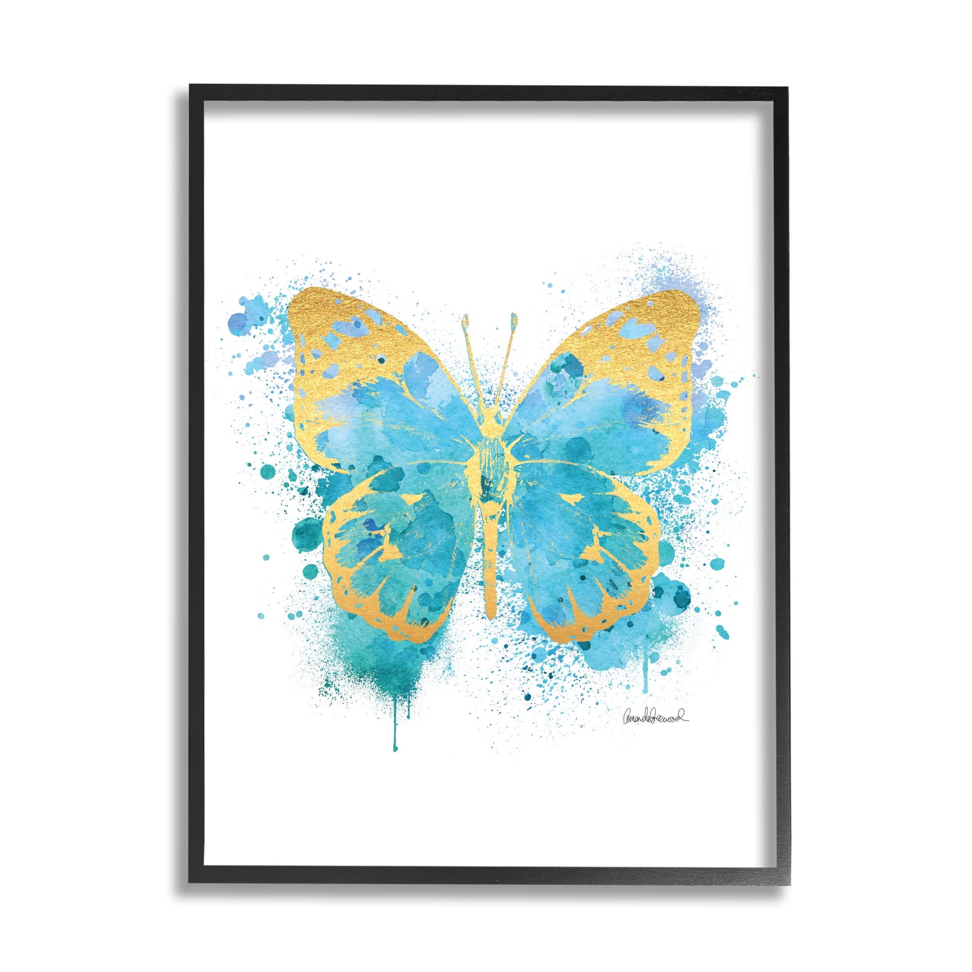 Stupell Industries Abstract Butterfly Turquoise Blue Paint Splatter Black Framed by Amanda Greenwood
