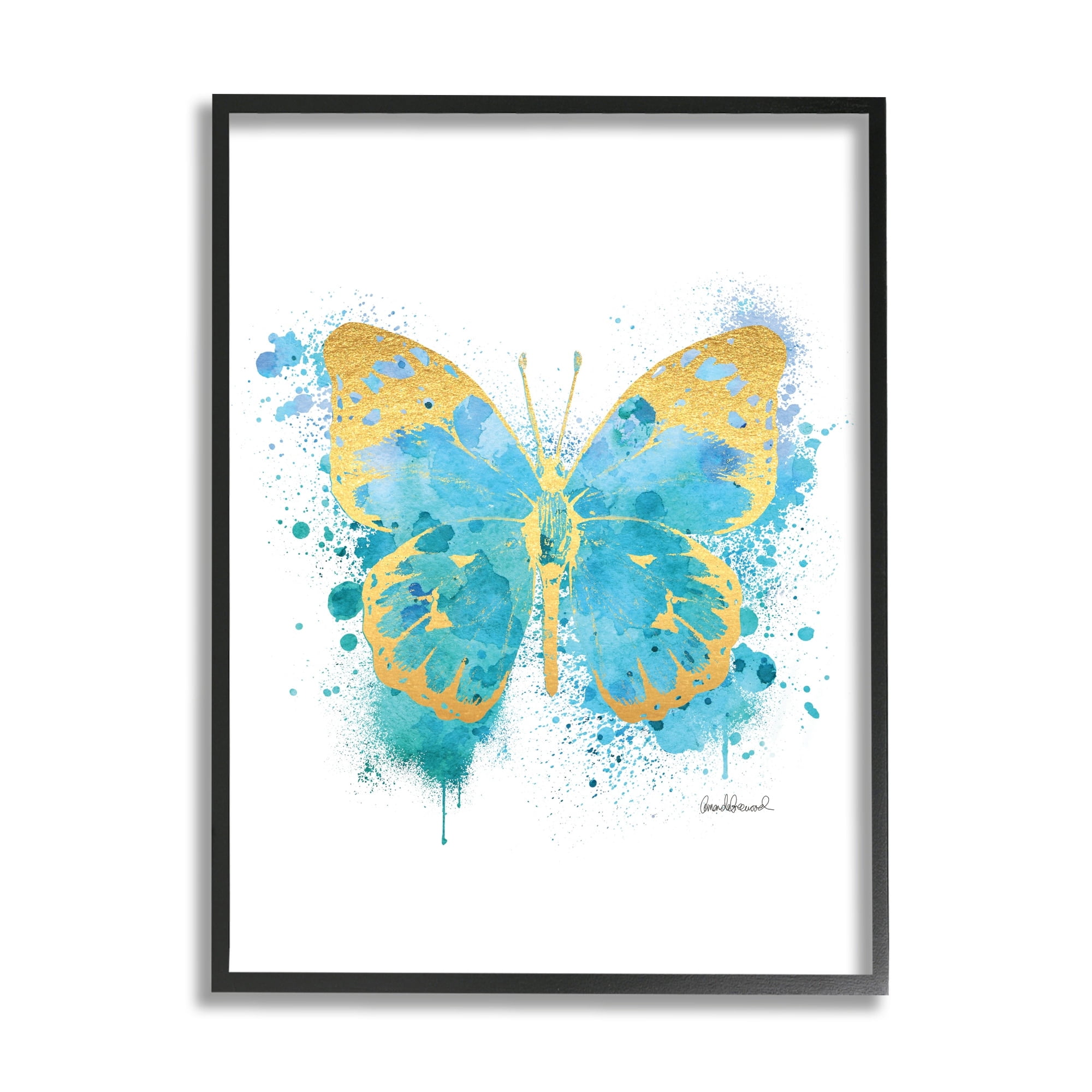 Stupell Industries Abstract Butterfly Turquoise Blue Paint Splatter Black Framed by Amanda Greenwood