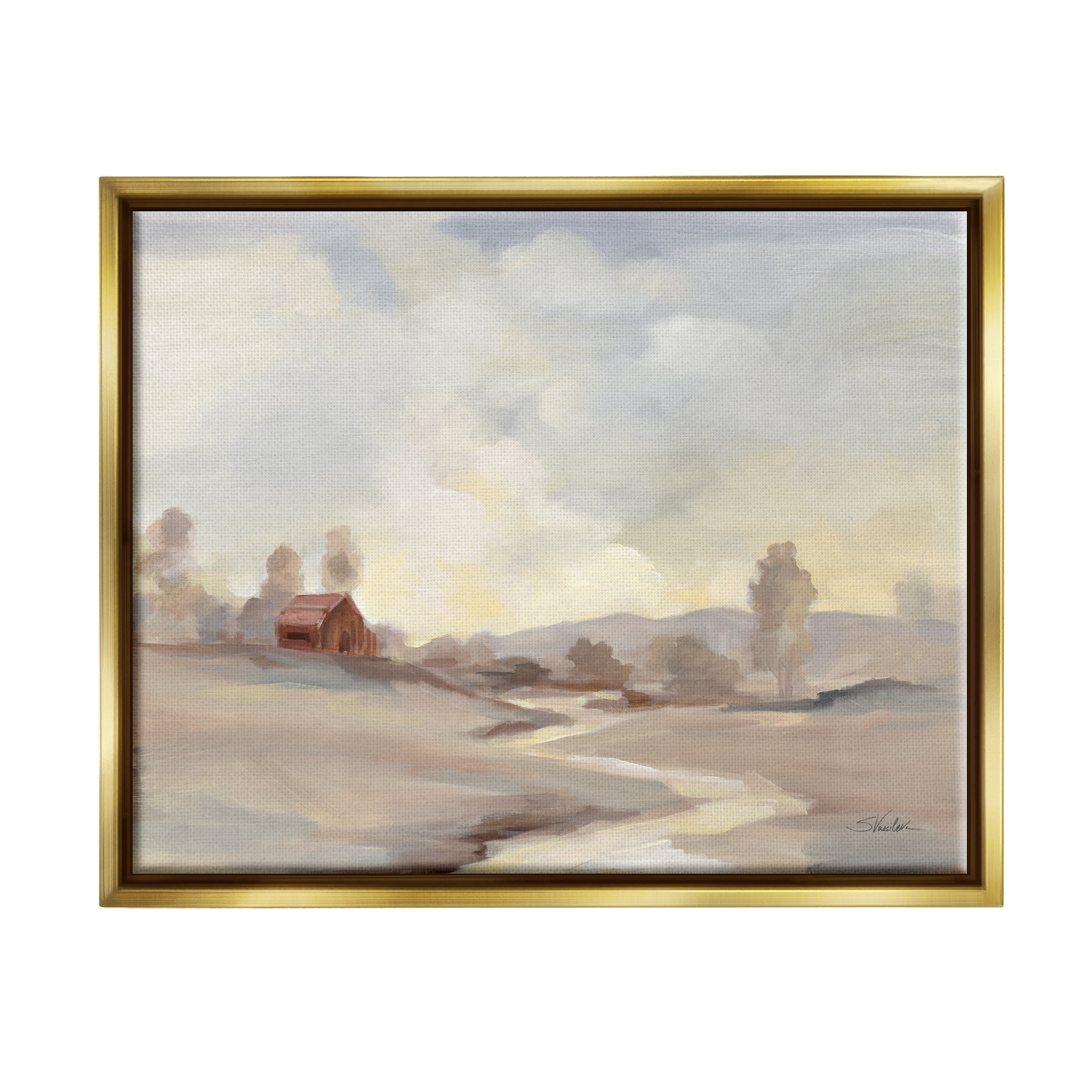 Stupell Industries Abstract Cabin Landscape Nature Painting Gold Floater Framed Art Print Wall Art, 31 x 25