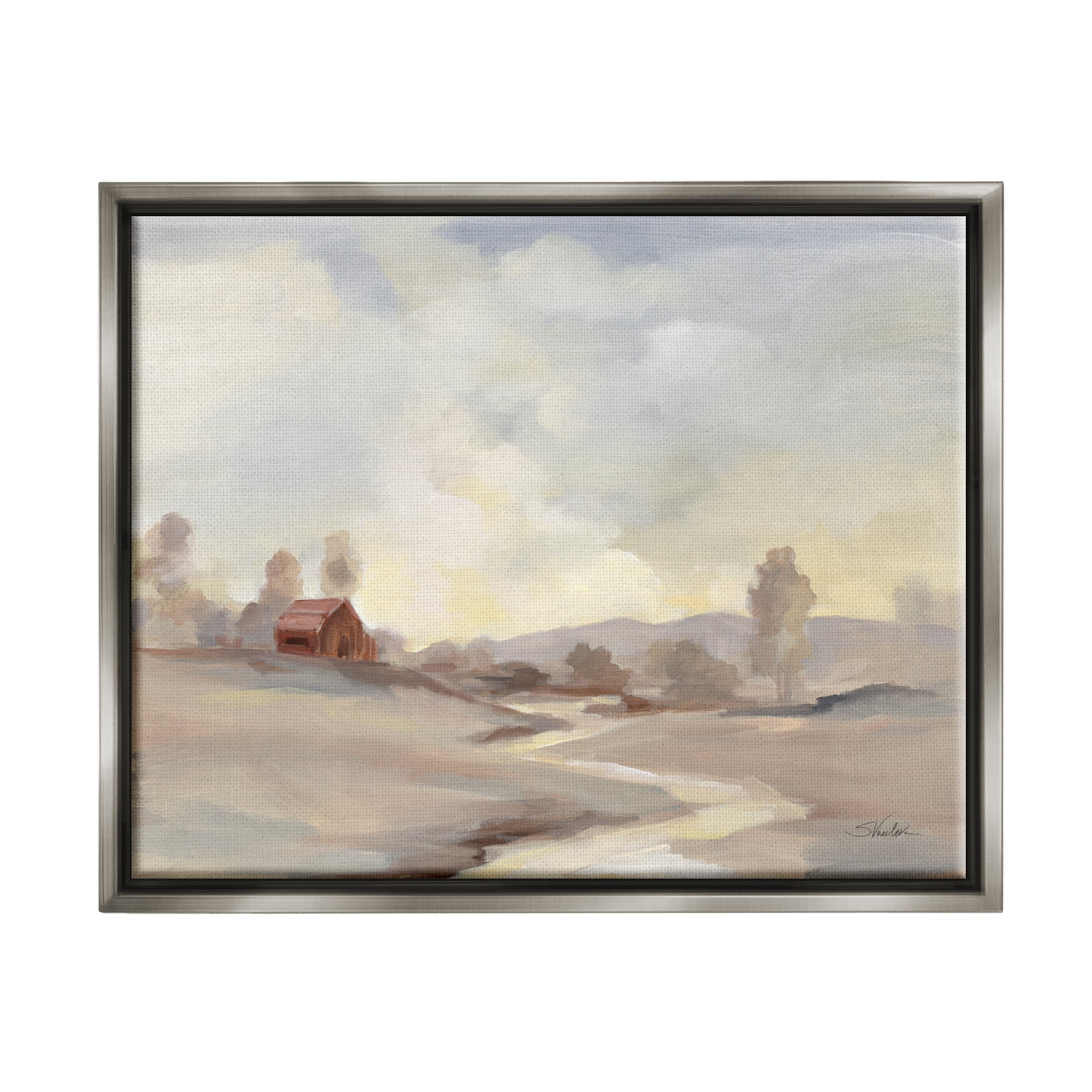 Stupell Industries Abstract Cabin Landscape Nature Painting Gray Floater Framed Art Print Wall Art, 21 x 17