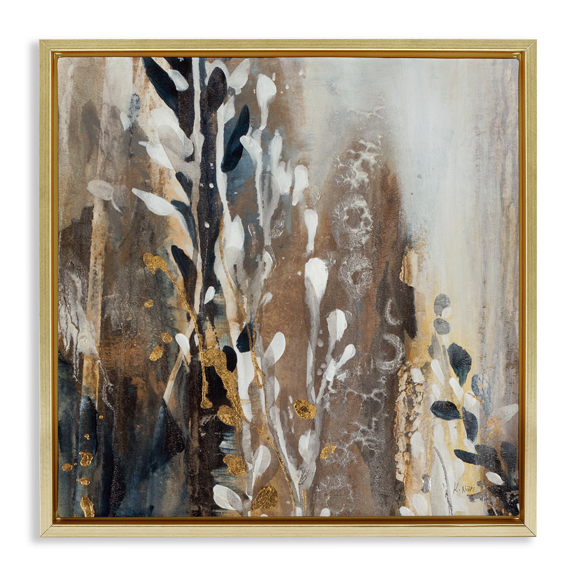 Stupell Industries Abstract Cascading Plants Botanical & Floral Painting Gold Floater Framed Canvas Art Print Wall Art, 18 x 18