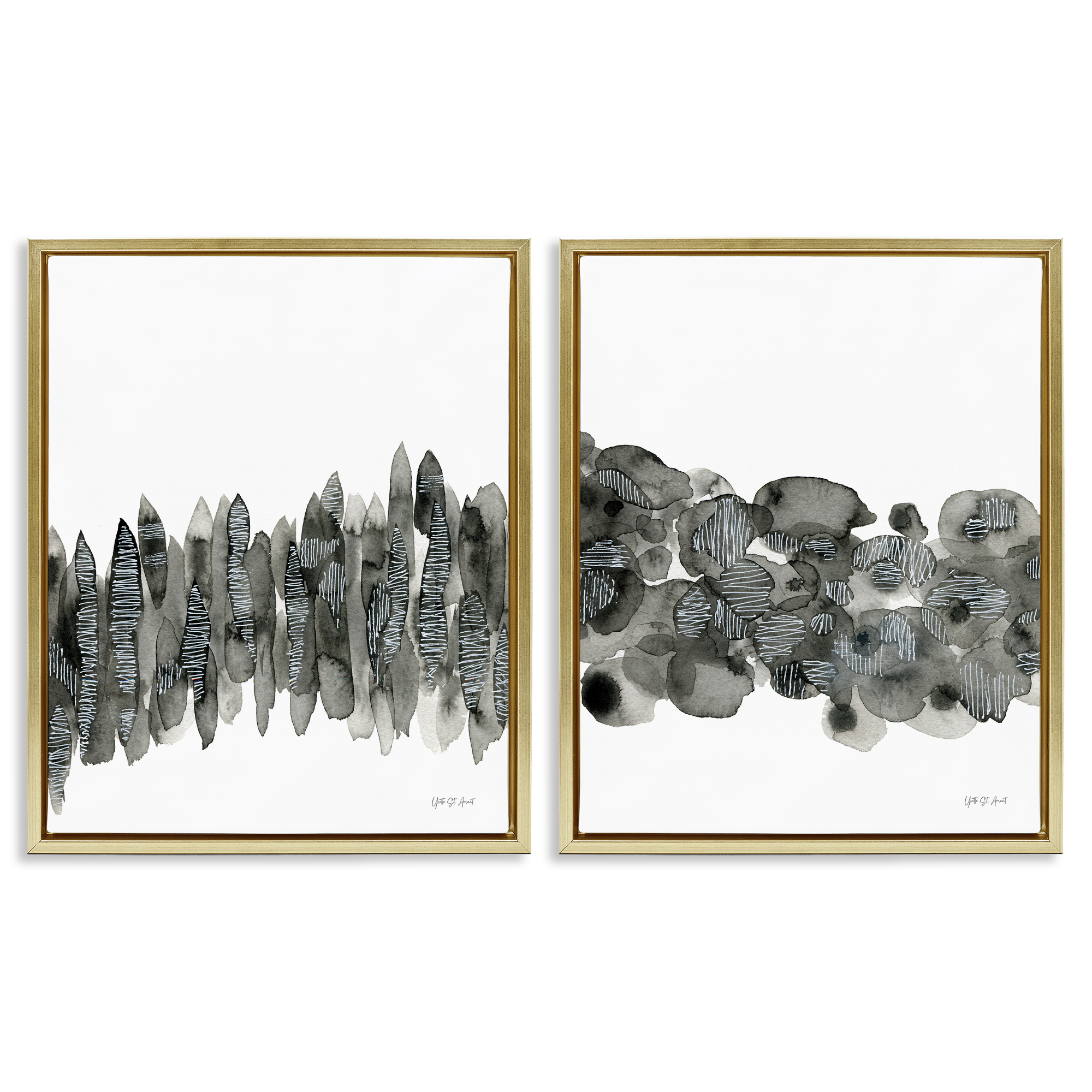 Stupell Industries Abstract Charcoal Kindling Abstract Painting Gold Floater Framed Canvas Art Print Wall Art, 17 x 21, Set of 2