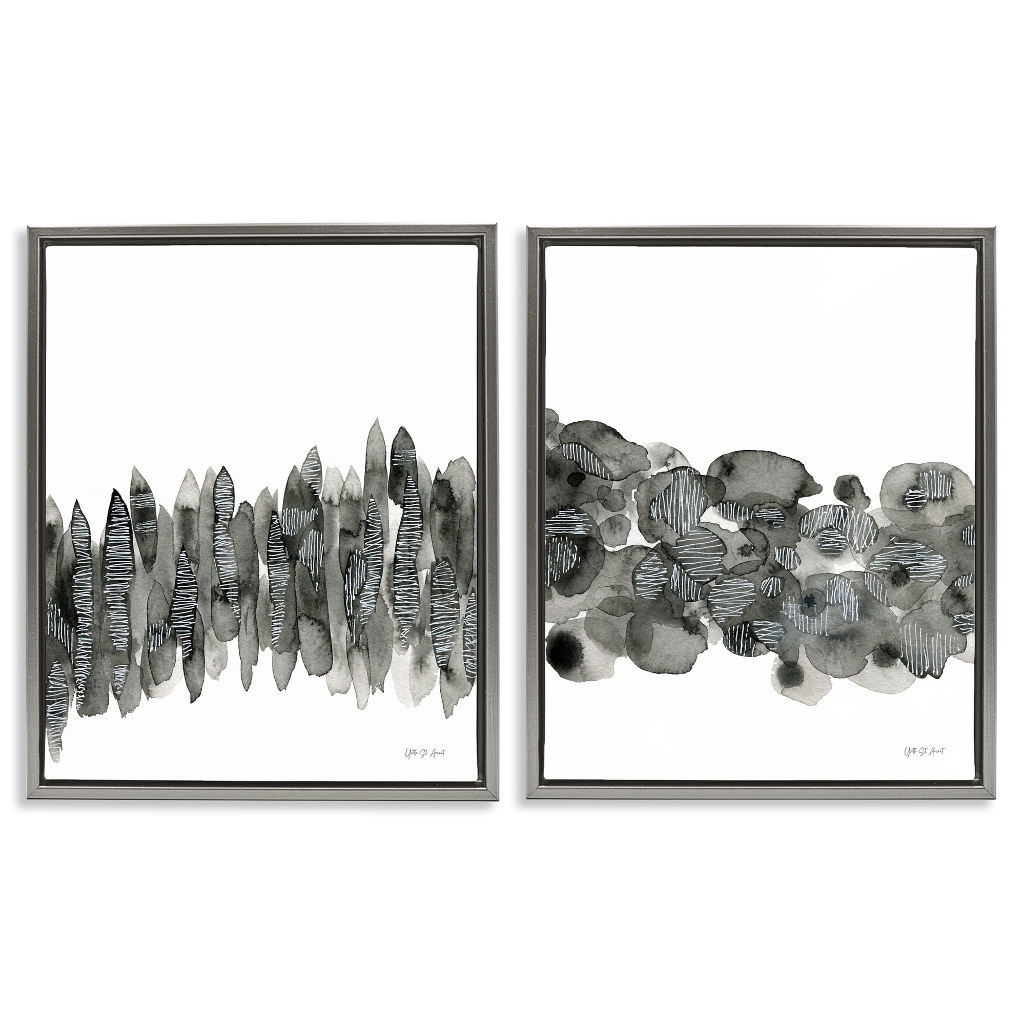 Stupell Industries Abstract Charcoal Kindling Abstract Painting Gray Floater Framed Canvas Art Print Wall Art, 17 x 21, Set of 2