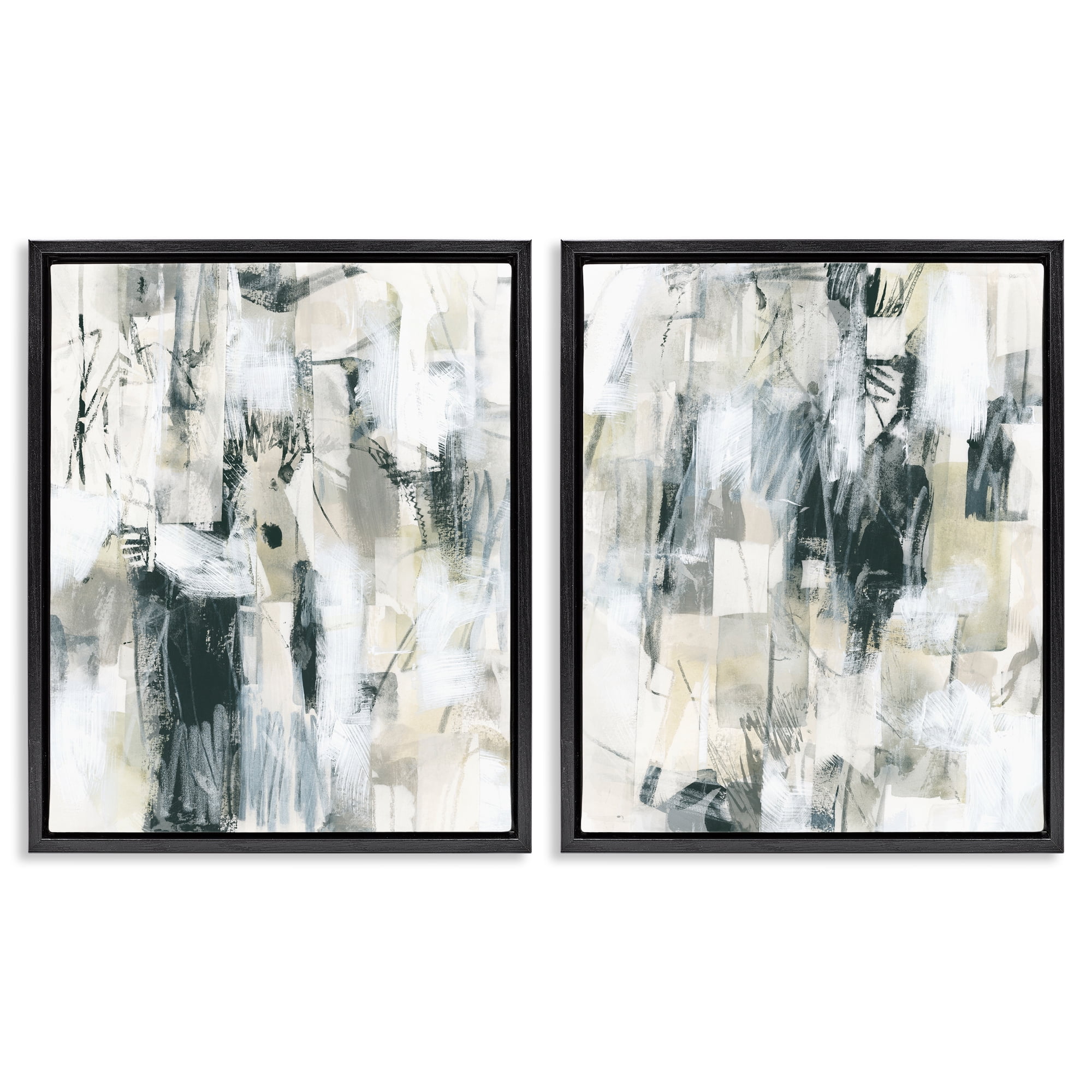 Stupell Industries Abstract Charcoal and Beige Abstract Painting Black Floater Framed Canvas Art Print Wall Art, 17 x 21, Set of 2