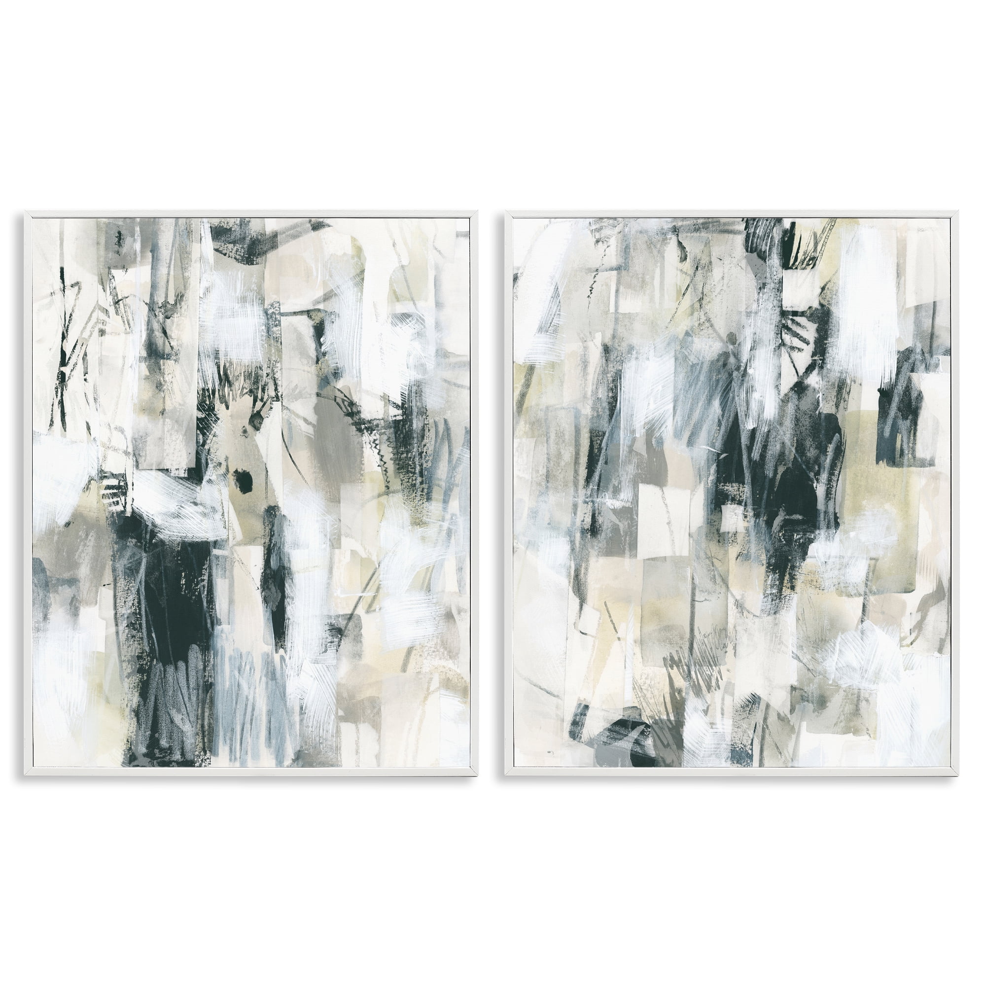 Stupell Industries Abstract Charcoal and Beige Abstract Painting White Framed Art Print Wall Art, 11 x 14, Set of 2