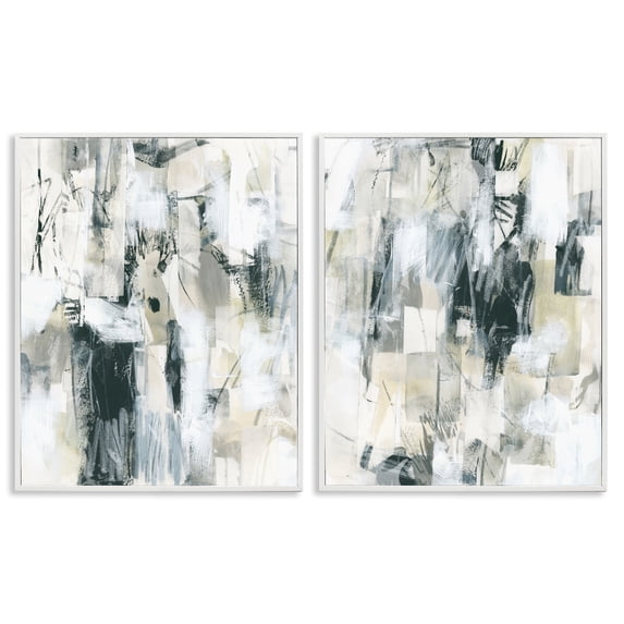 Stupell Industries Abstract Charcoal and Beige Abstract Painting White Framed Art Print Wall Art, 11 x 14, Set of 2