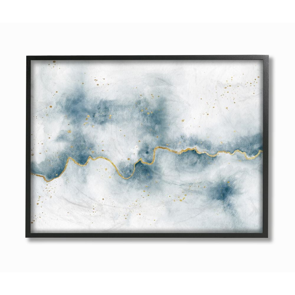 Stupell Industries Abstract Cloud Splatters White Blue Gold Painting Framed Wall Art Design by Laura Marshall, 11" x 14", Black Framed