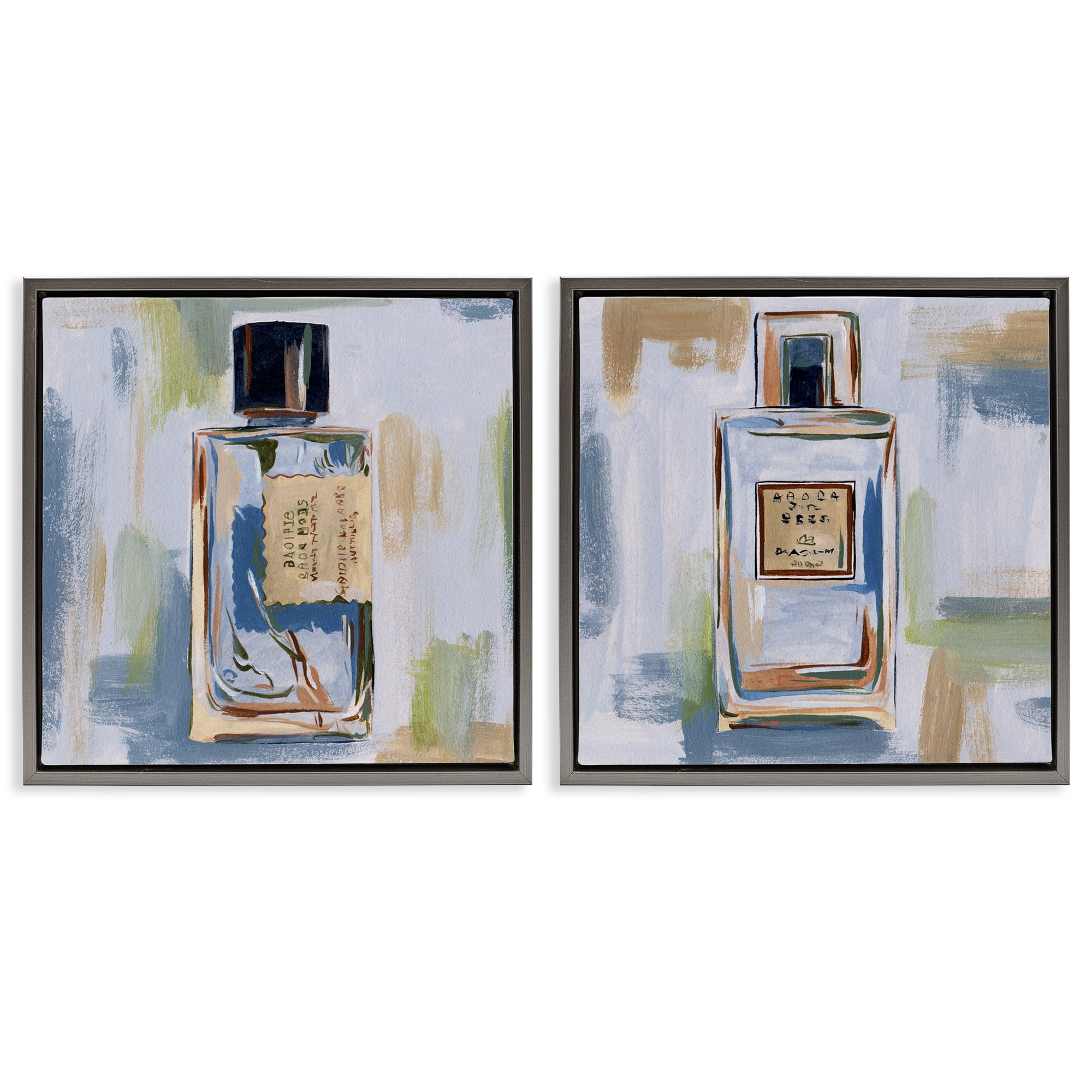 Stupell Industries Abstract Cologne Perfume Bottle Fashion Painting Gray Floater Framed Canvas Art Print Wall Art, 18 x 18, Set of 2