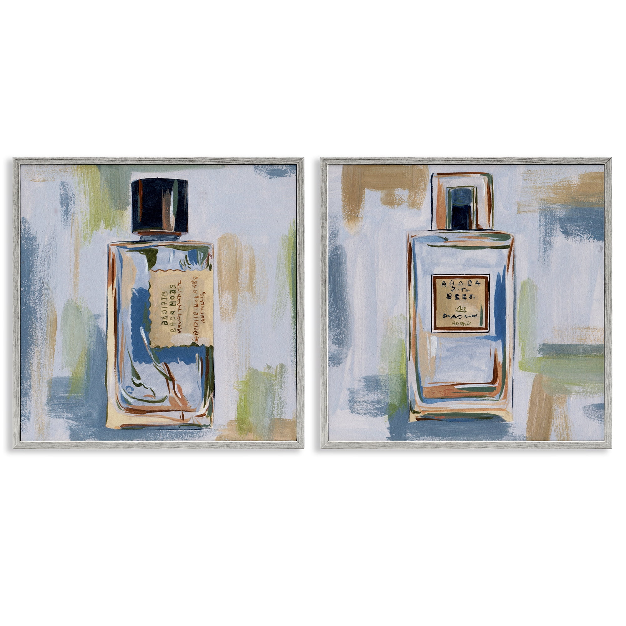 Stupell Industries Abstract Cologne Perfume Bottle Fashion Painting Gray Framed Art Print Wall Art, 12 x 12, Set of 2