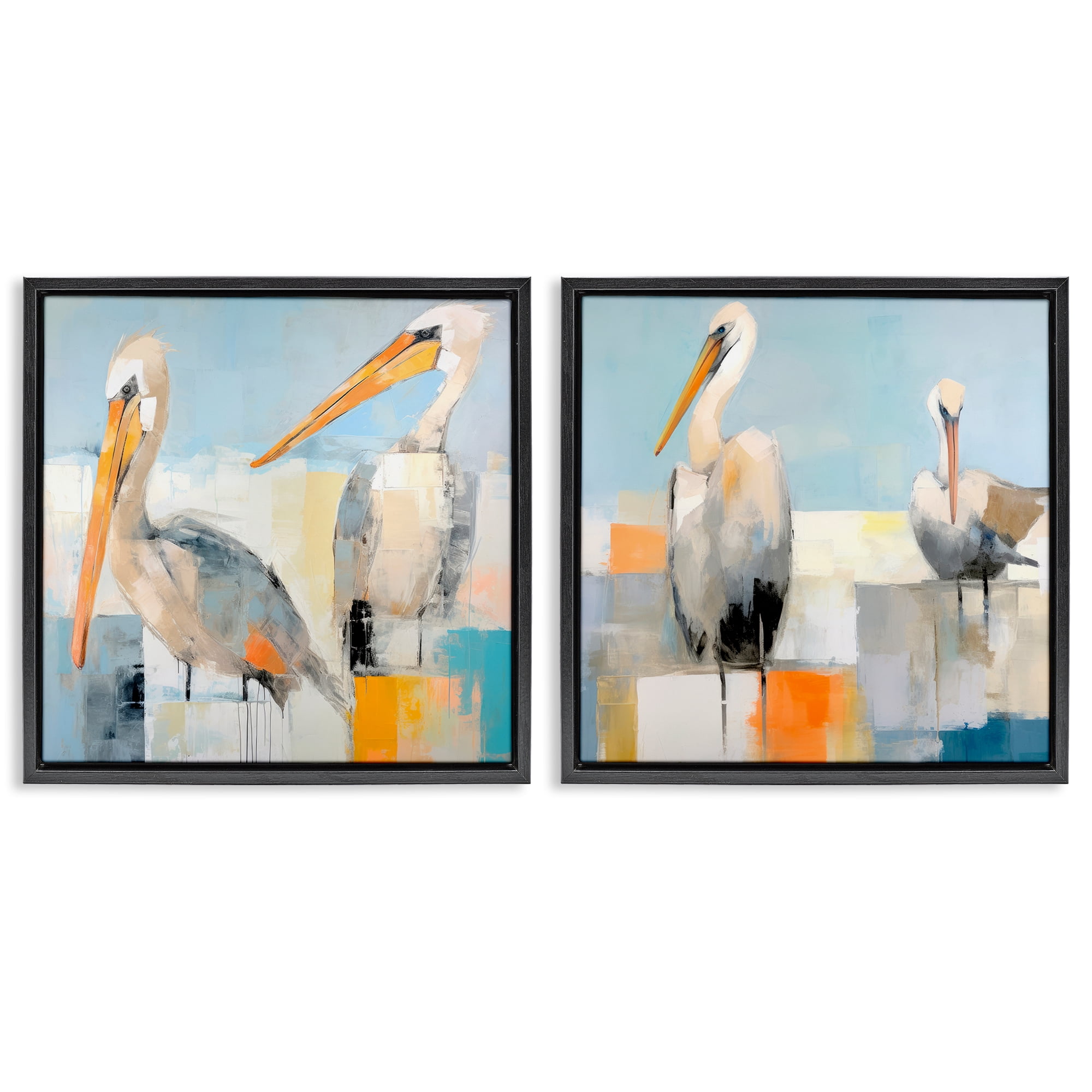 Stupell Industries Abstract Color Block Pelican Pair Animals Painting Black Floater Framed Canvas Art Print Wall Art, 25 x 25, Set of 2