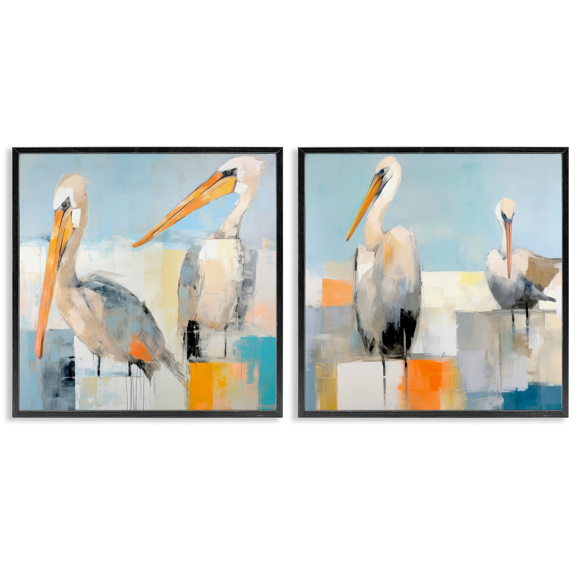 Stupell Industries Abstract Color Block Pelican Pair Animals Painting Black Framed Art Print Wall Art, 12 x 12, Set of 2
