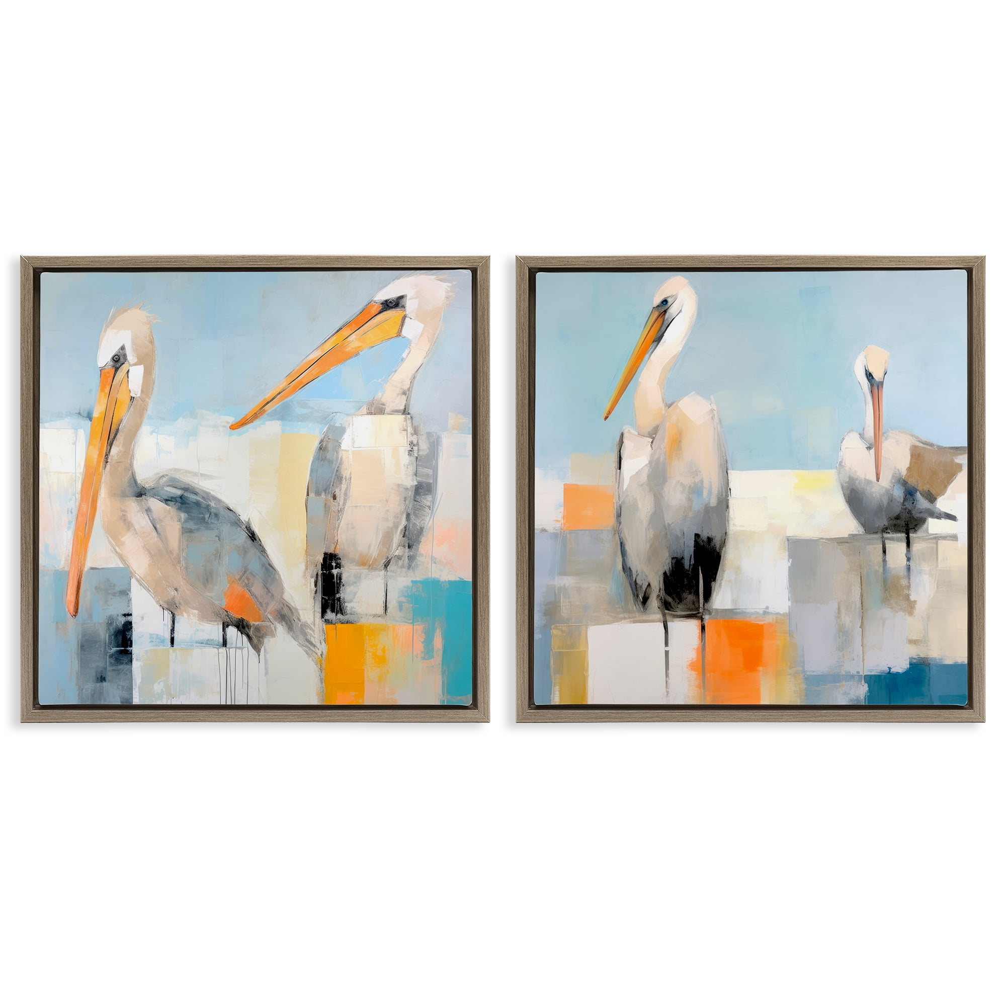 Stupell Industries Abstract Color Block Pelican Pair Animals Painting Brown Floater Framed Canvas Art Print Wall Art, 18 x 18, Set of 2