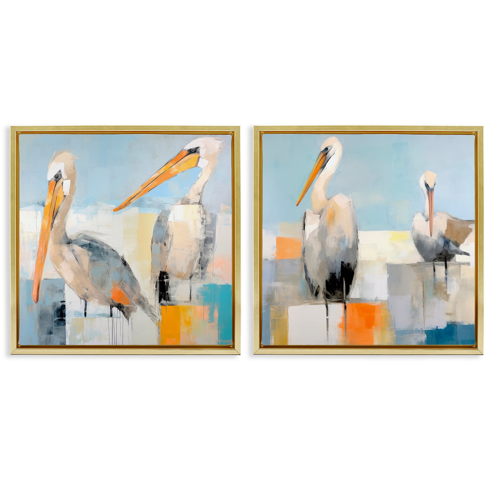 Stupell Industries Abstract Color Block Pelican Pair Animals Painting Gold Floater Framed Canvas Art Print Wall Art, 18 x 18, Set of 2
