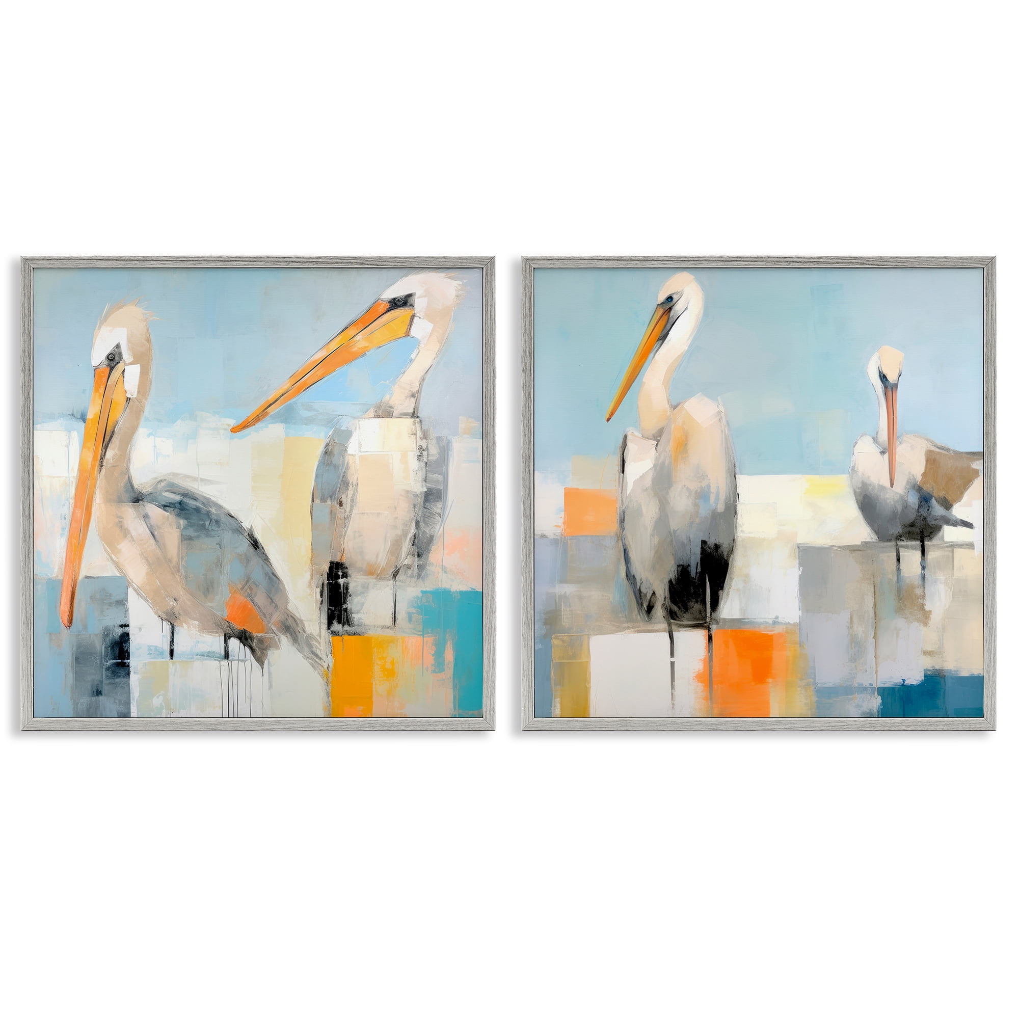 Stupell Industries Abstract Color Block Pelican Pair Animals Painting Gray Framed Art Print Wall Art, 17 x 17, Set of 2